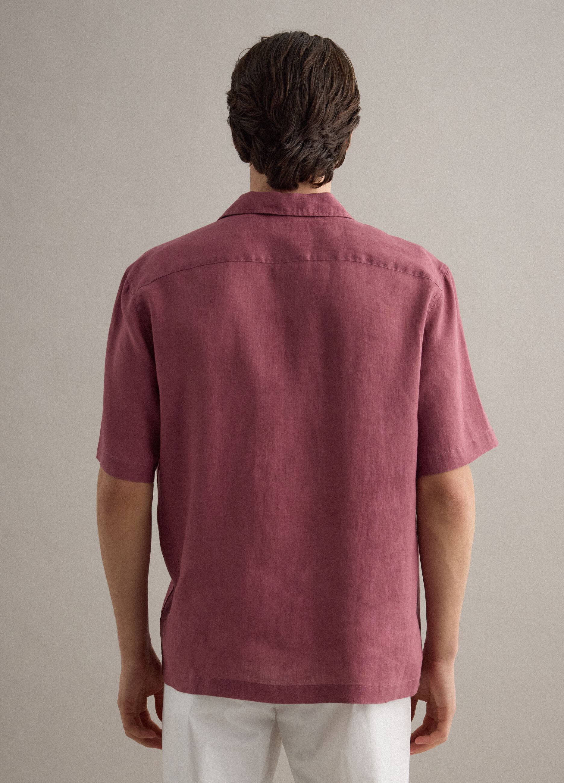 Regular fit pink short sleeve pure linen shirt with pocket