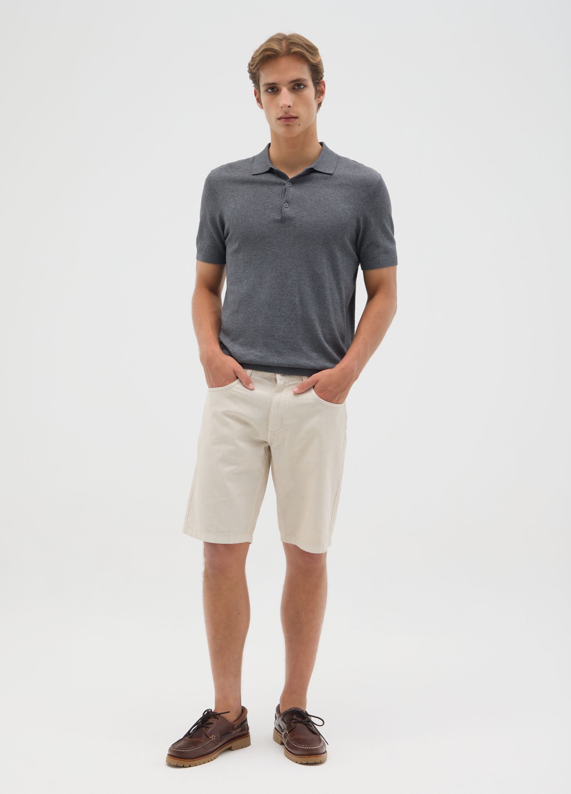 Men's beige regular fit cotton blend shorts