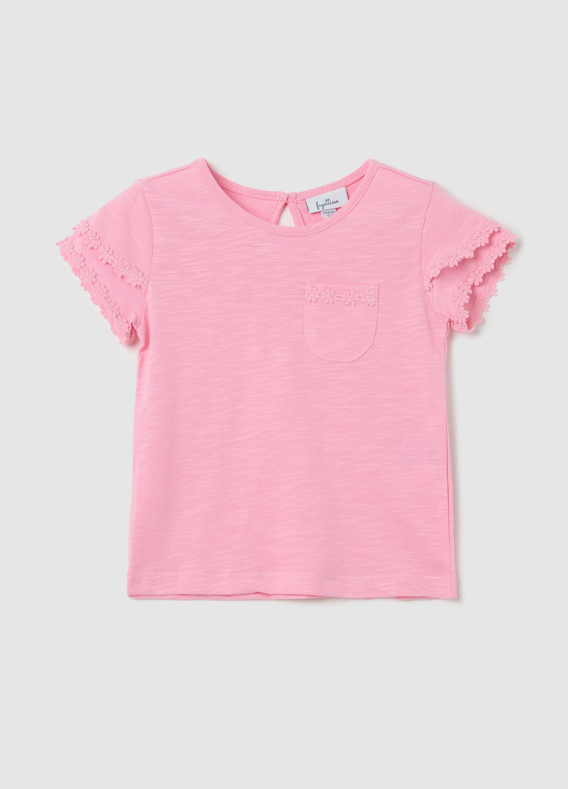 Pink cotton T-shirt with crochet flowers