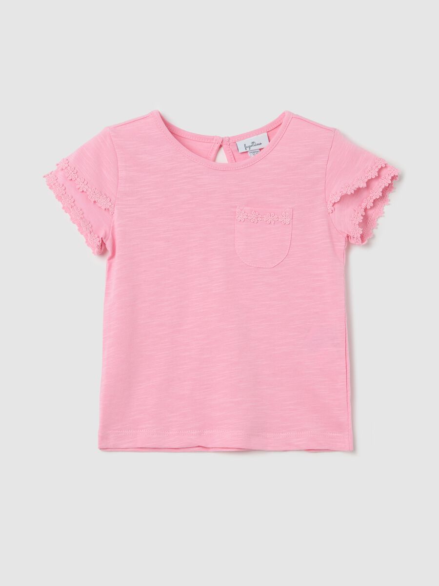 Pink cotton T-shirt with crochet flowers_0