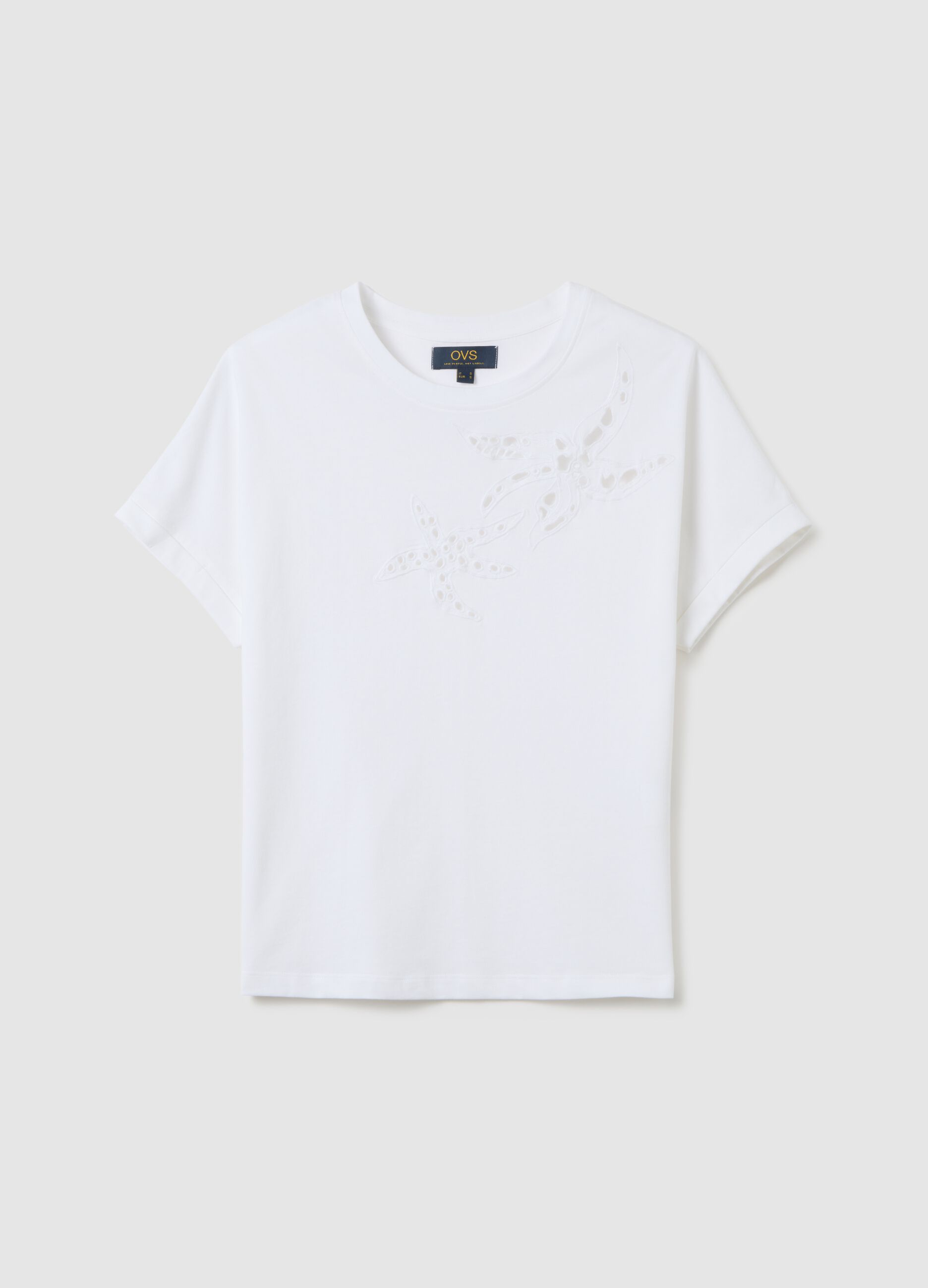 Women's White Cotton T-shirt Regular Fit with Embroidery