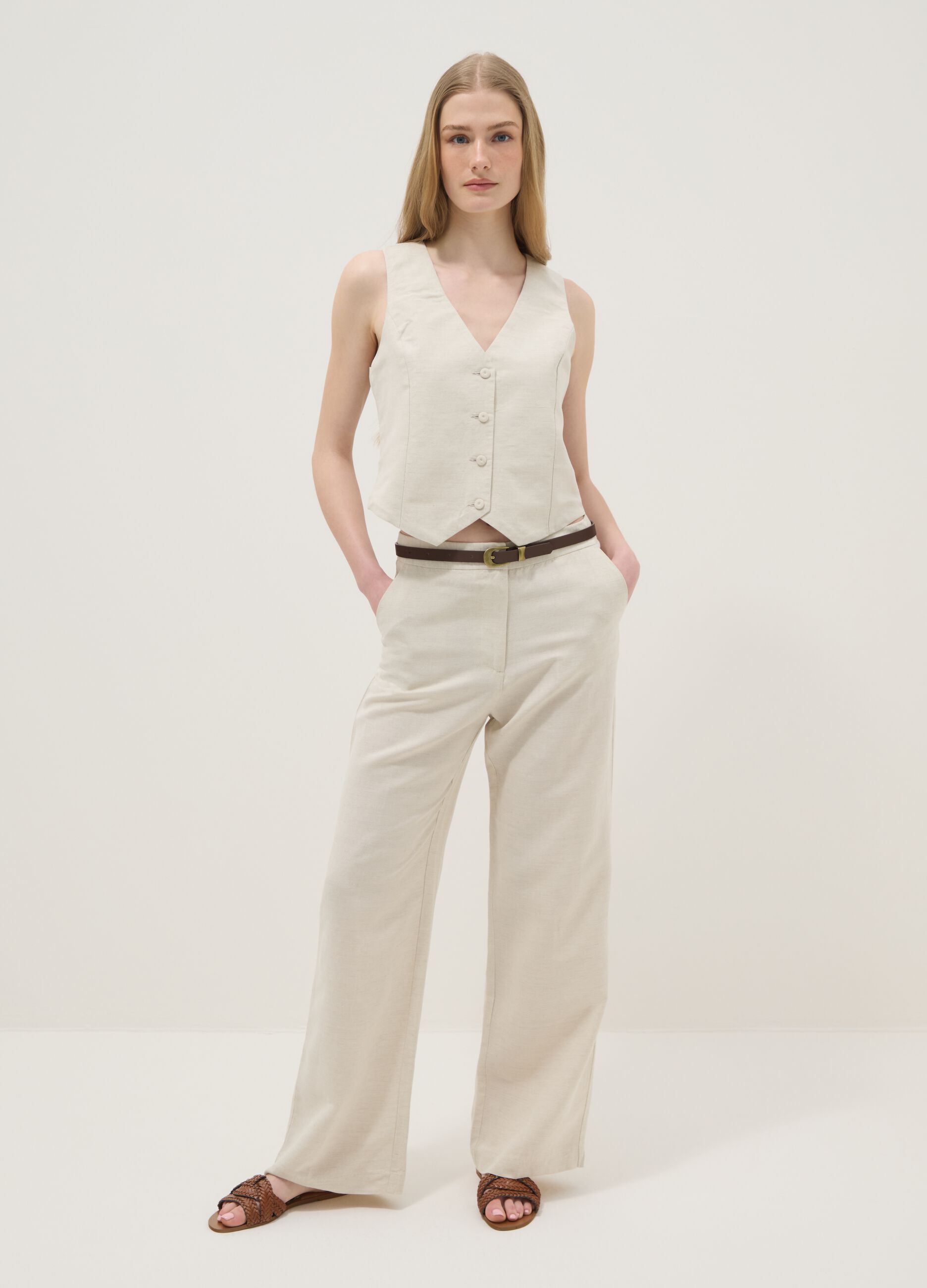 Beige linen and viscose blend straight fit trousers