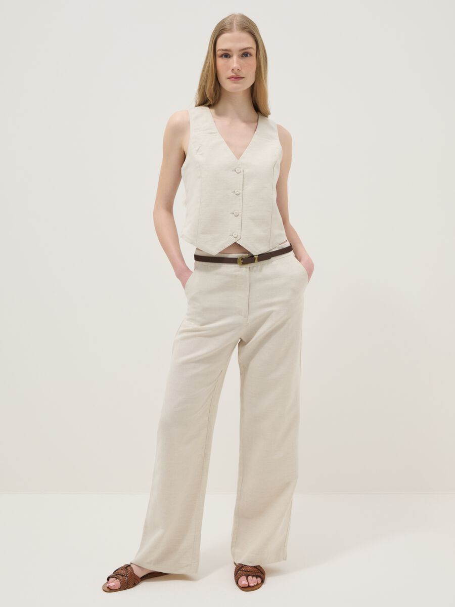 Beige linen and viscose blend straight fit trousers_0