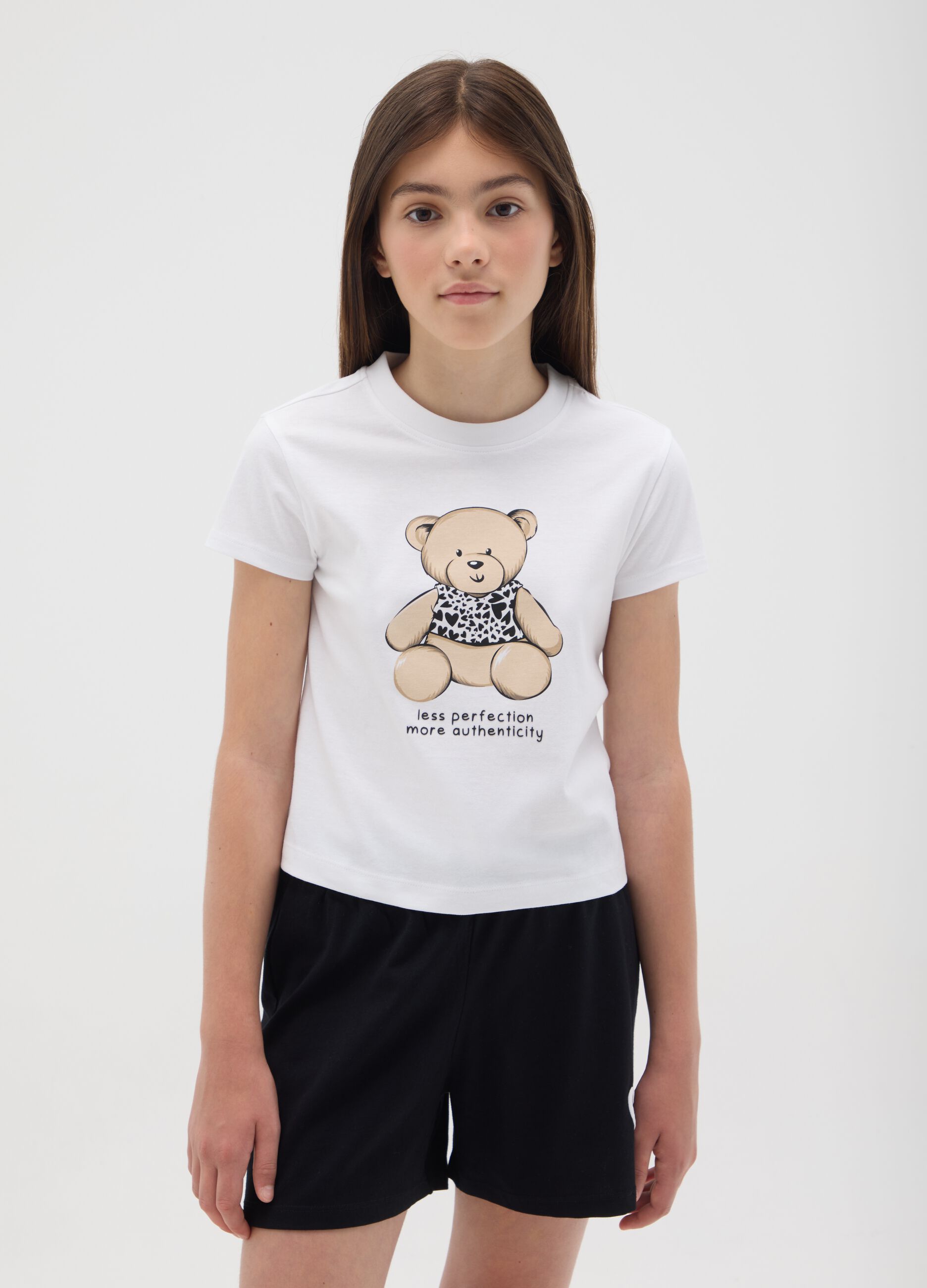 Girls' white pure cotton T-shirt with regular fit