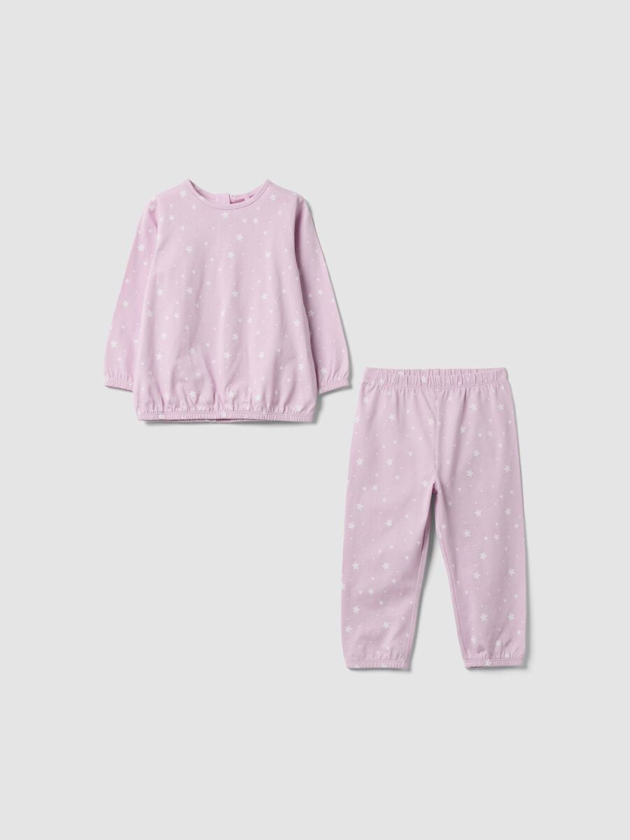 Pigiama rosa in cotone jersey organico con stampa di stelle_0