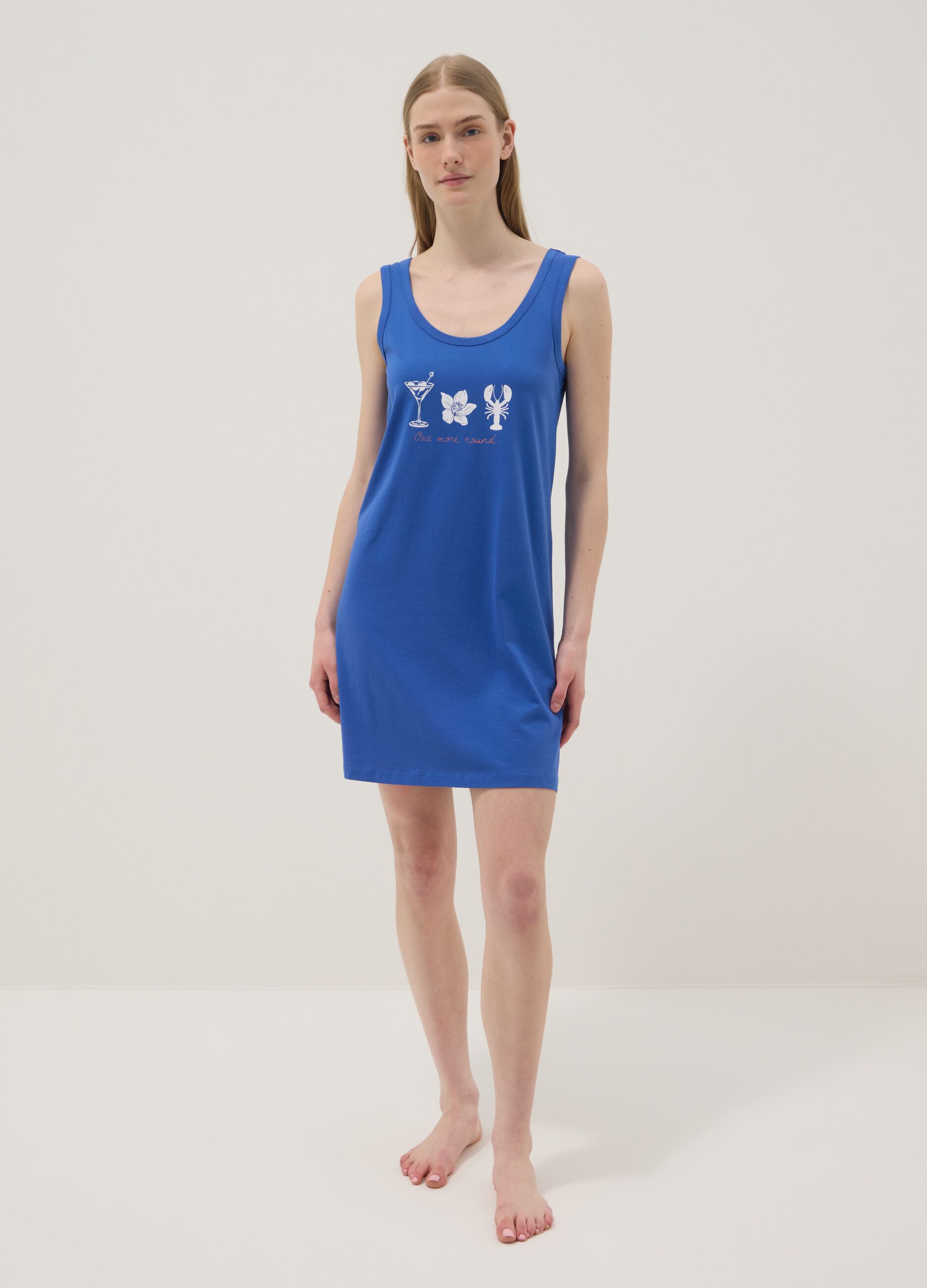 Sleeveless pure cotton blue nightdress with prints