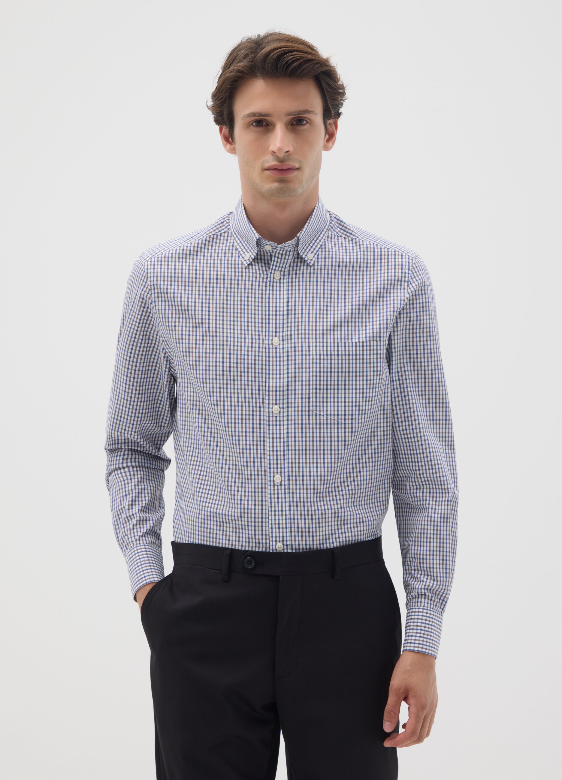 Blue cotton blend regular fit shirt