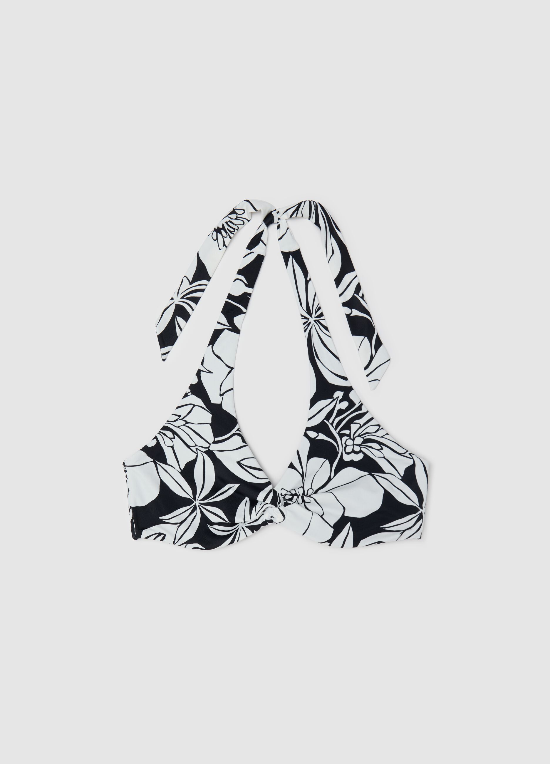 White and black floral bikini top with knot
