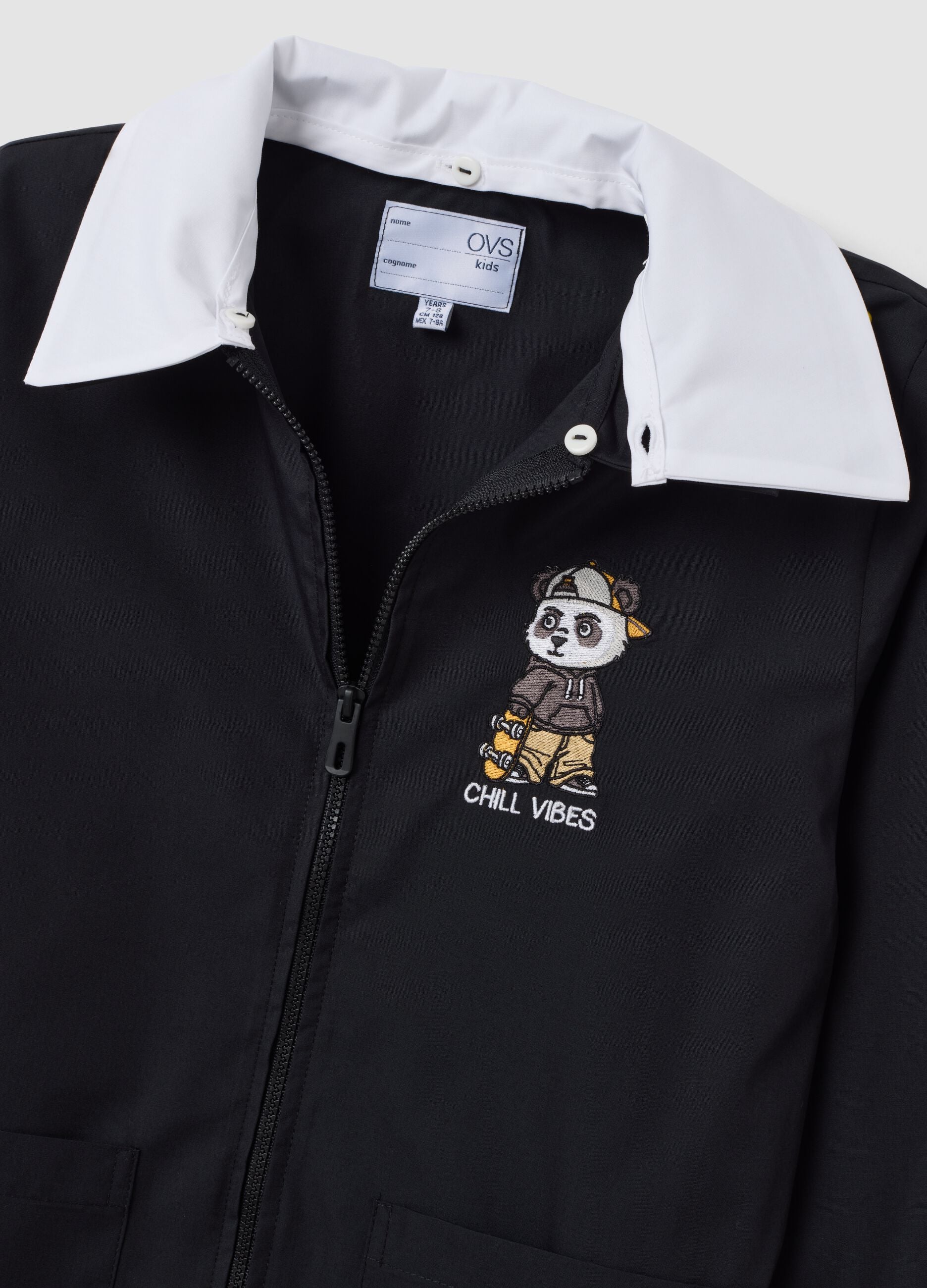 Black school apron with panda embroidery and white collar for boys