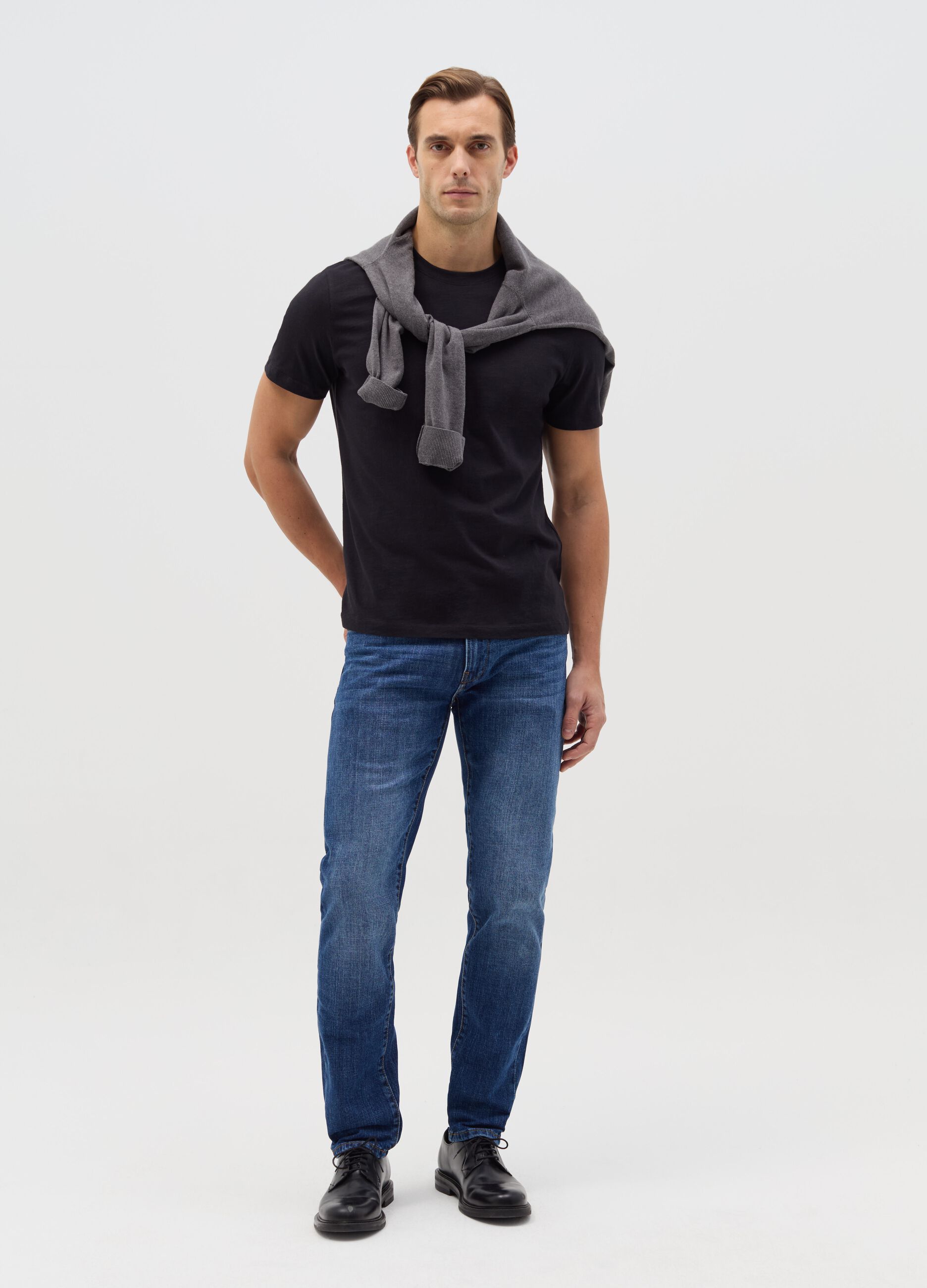 Slim-fit cross-hatch cotton jeans