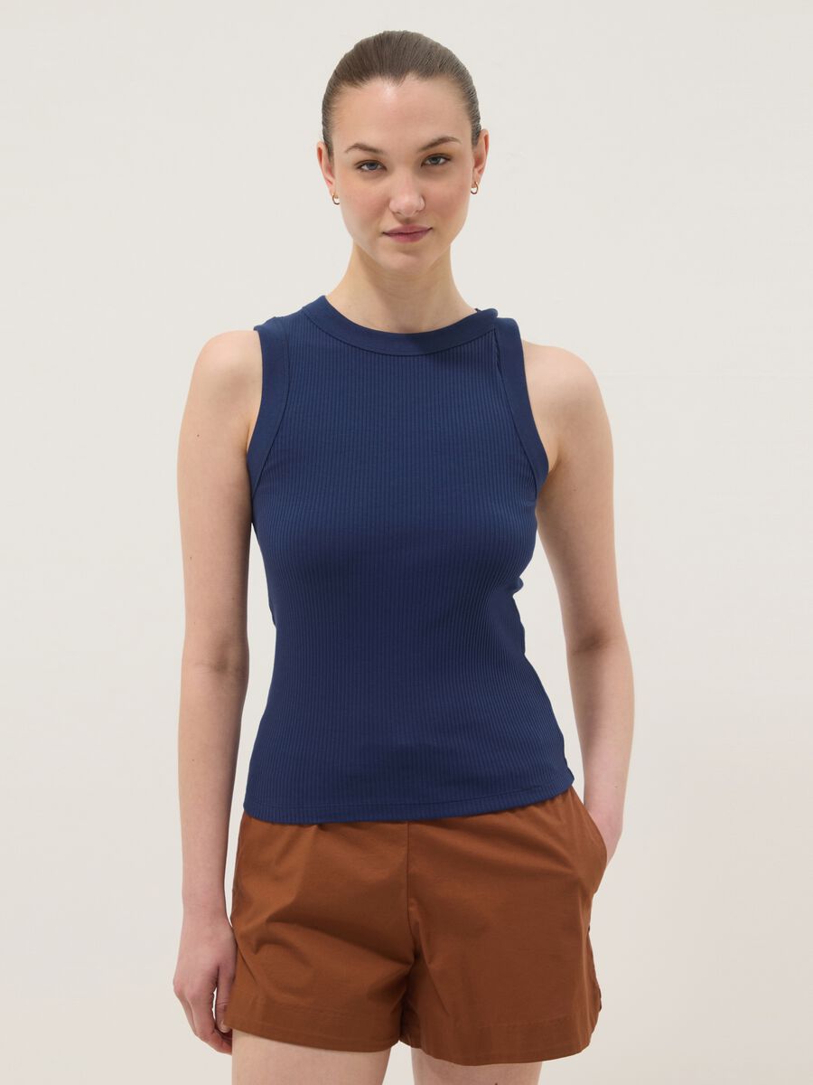 Blue fitted ribbed stretch-cotton tank top_1