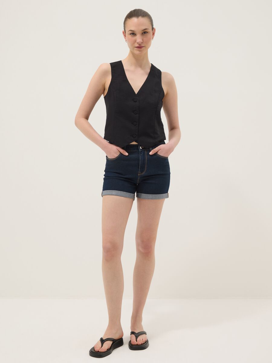 Denim shorts blu scuro in cotone elasticizzato regular fit_0