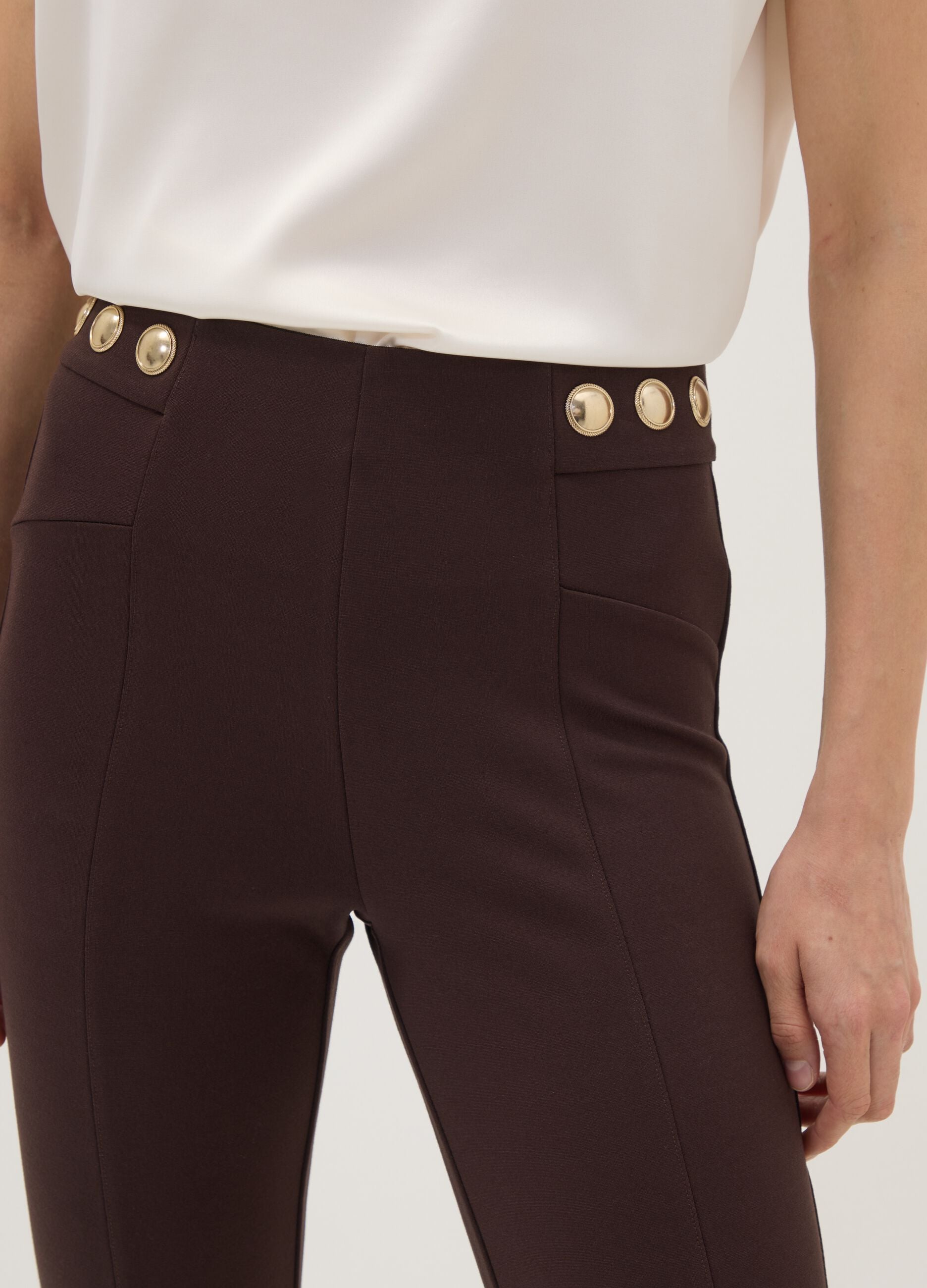 Leggings marroni in punto Milano di viscosa elasticizzata skinny fit