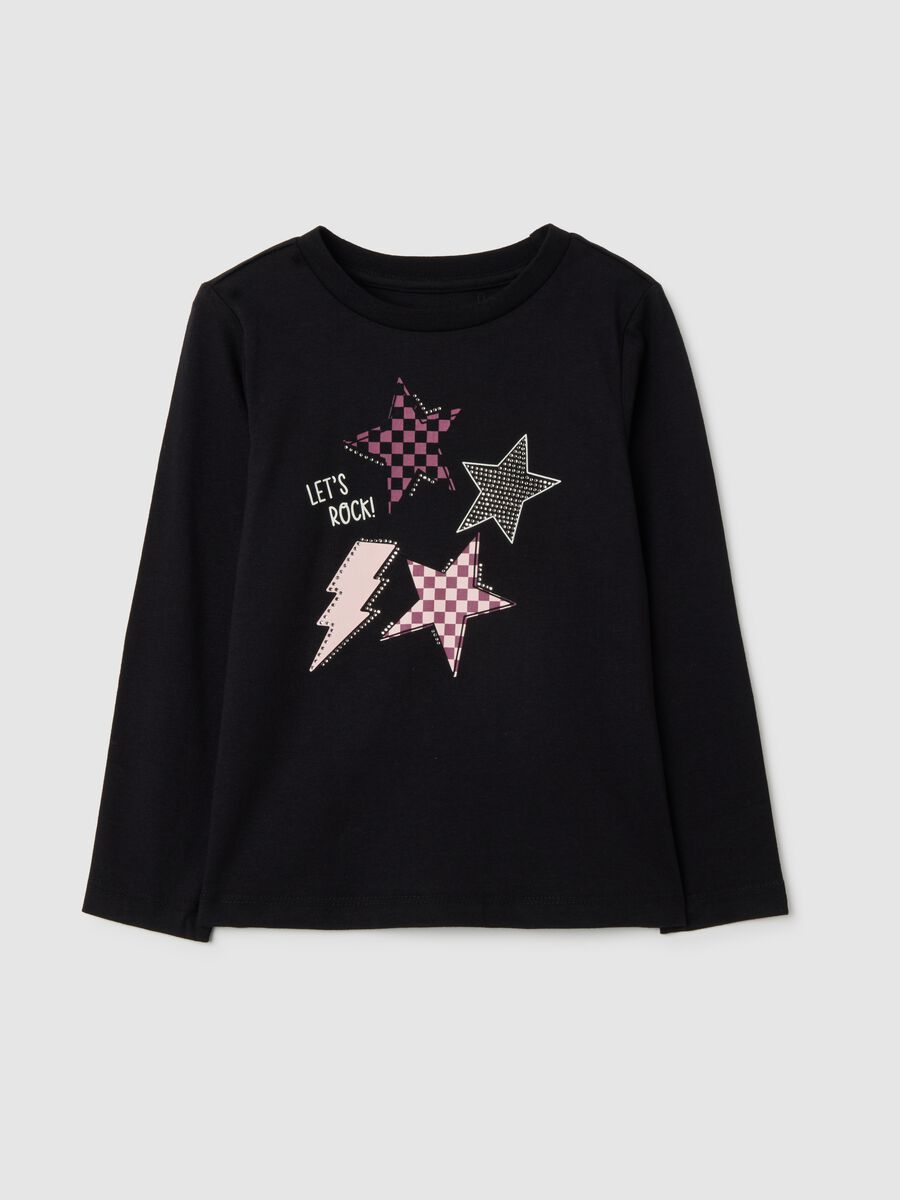 Girl's pure black cotton regular fit t-shirt with stars_0