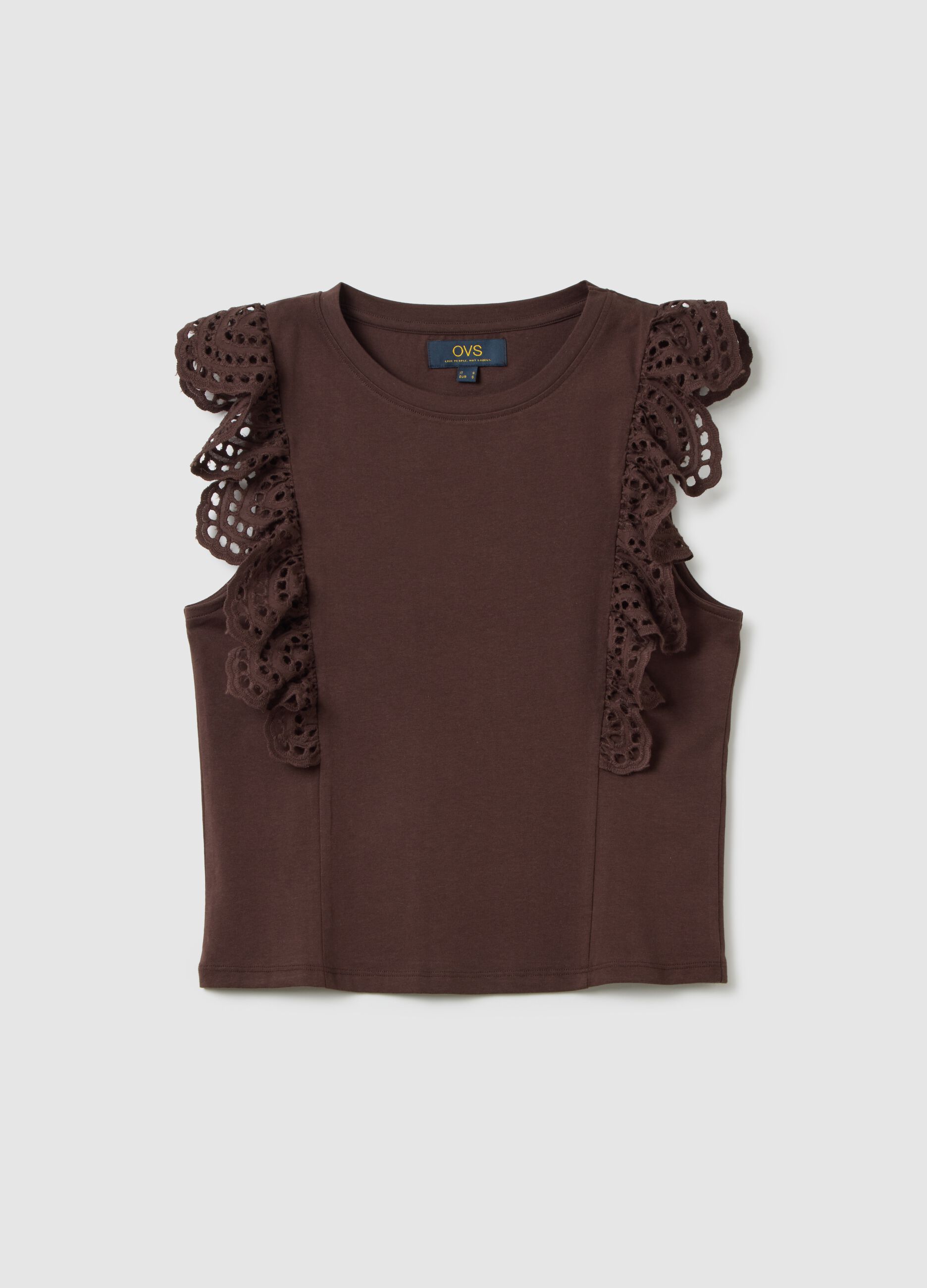 Top da donna in puro cotone marrone regular fit con pizzo