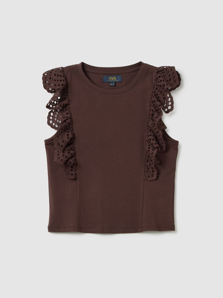 Women's brown pure cotton regular fit top with lace_0