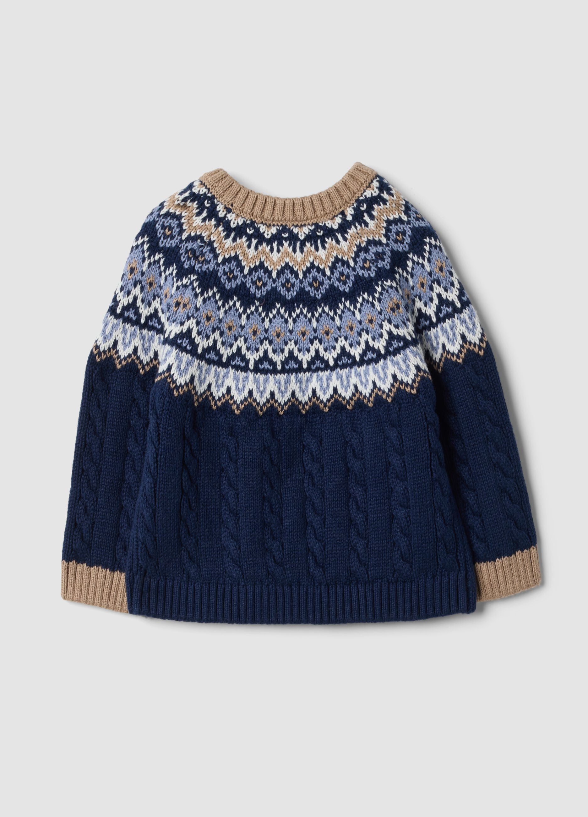 Blue jacquard regular-fit cable-knit jumper in pure organic cotton