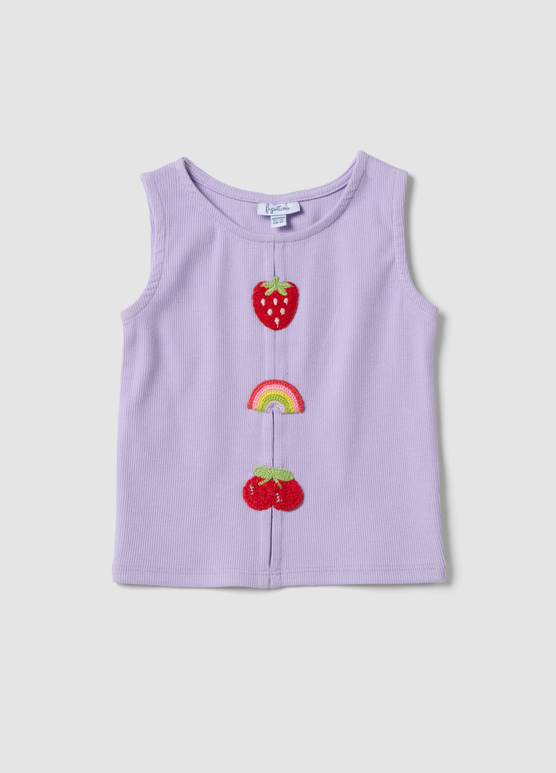 Regular fit purple stretch cotton tank top for girls with embroidery