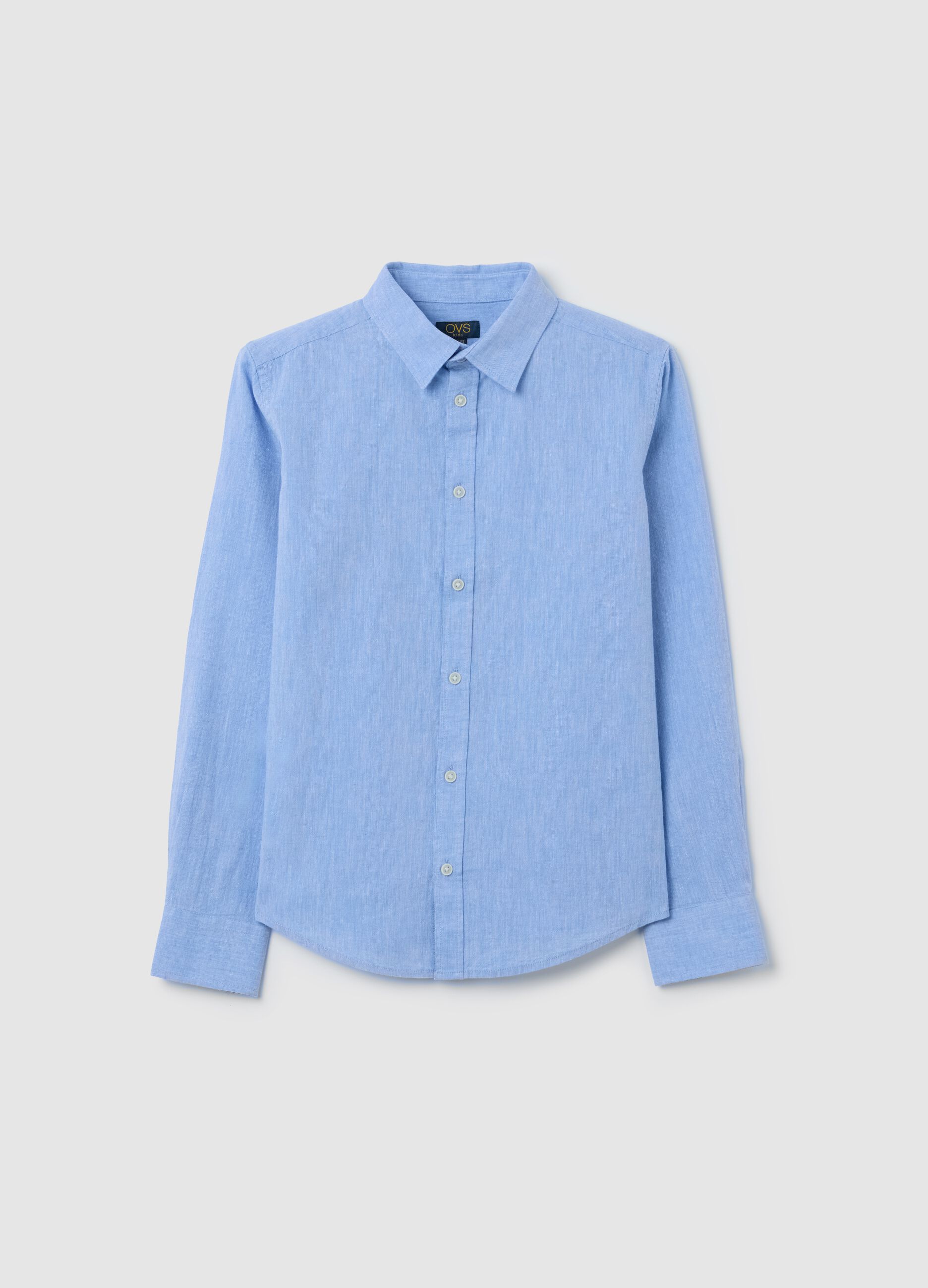 Boys’ regular-fit light blue shirt in cotton and linen blend