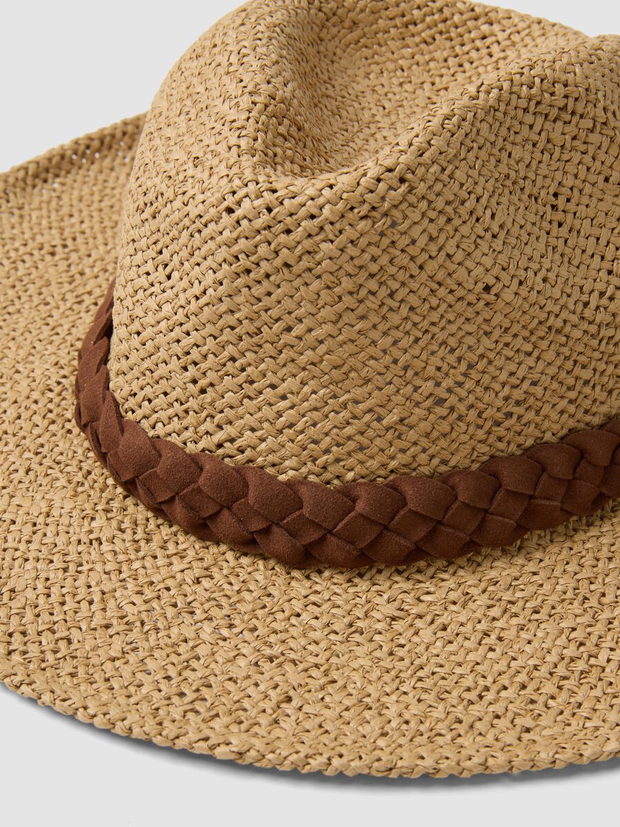 Cappello panama beige in puro tessuto carta con fascia marrone_1