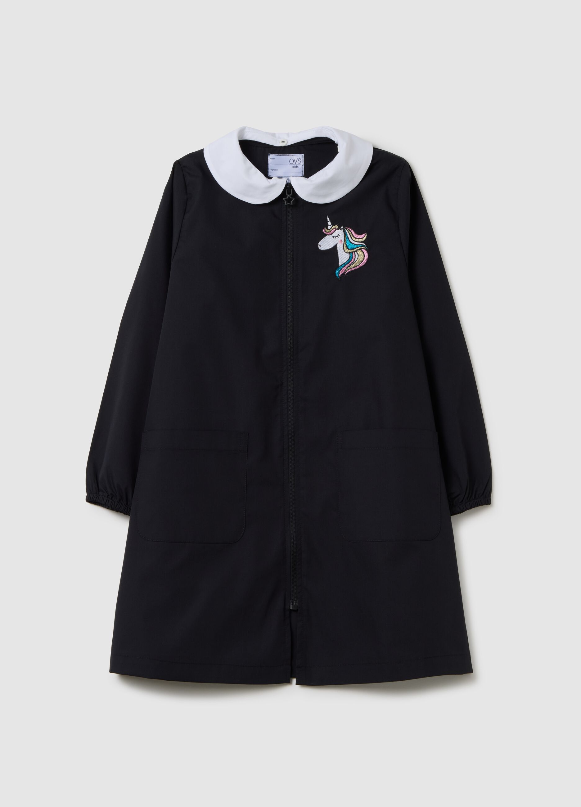 Grembiule scolastico da bambina in misto cotone nero con ricamo unicorno