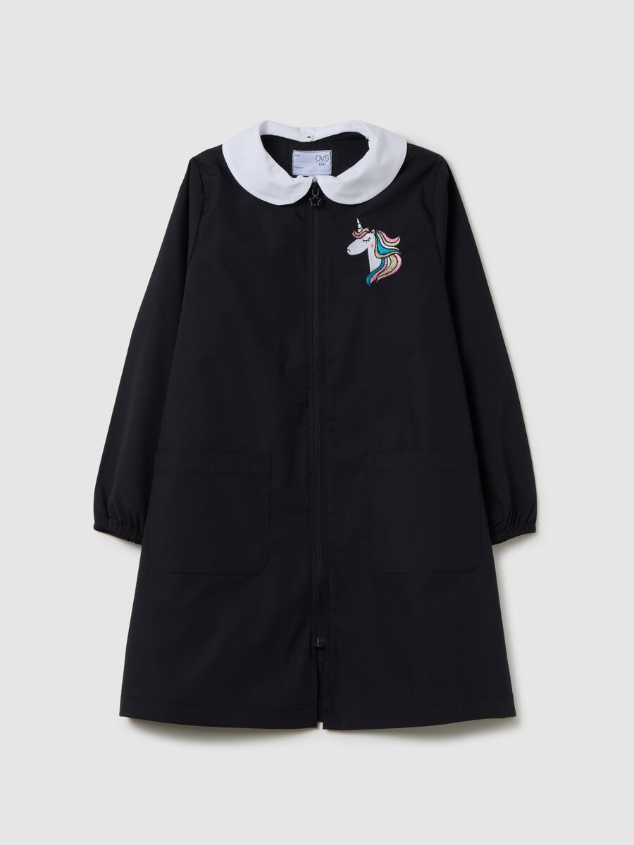 Black cotton blend girls' dress with unicorn_0