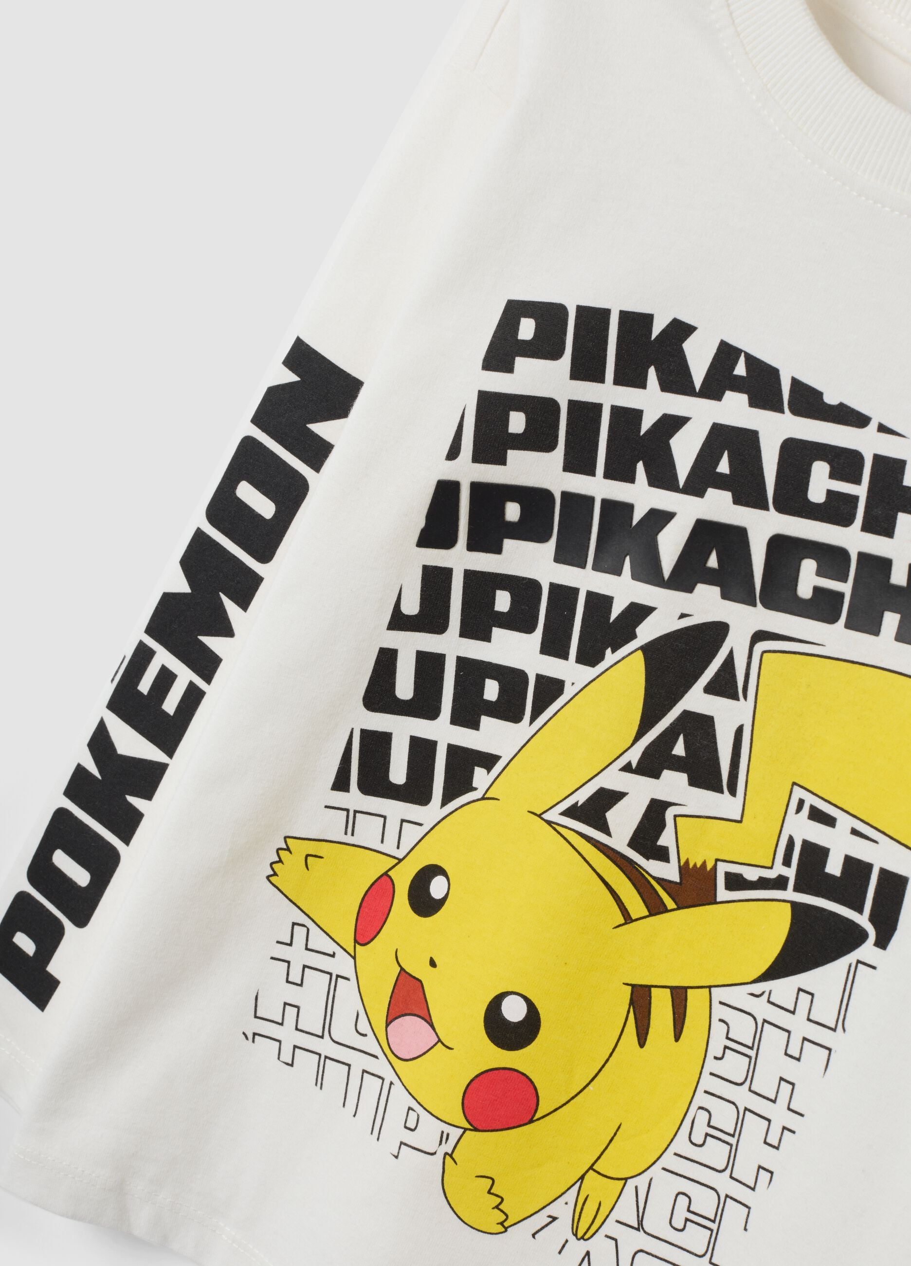 Cream White Pure Cotton T-shirt with Pikachu Print, Regular Fit