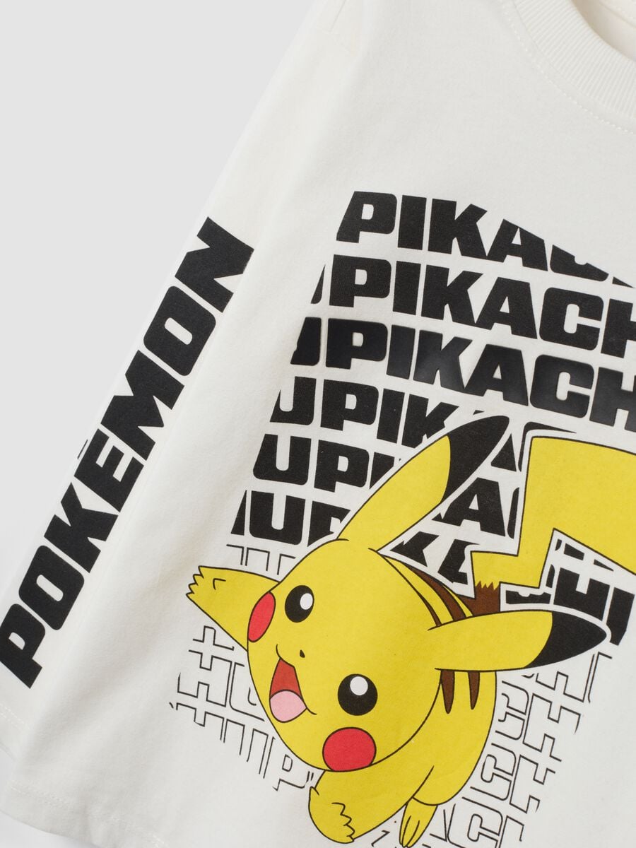 T-shirt bianco panna in puro cotone con Stampa Pikachu regular fit_2