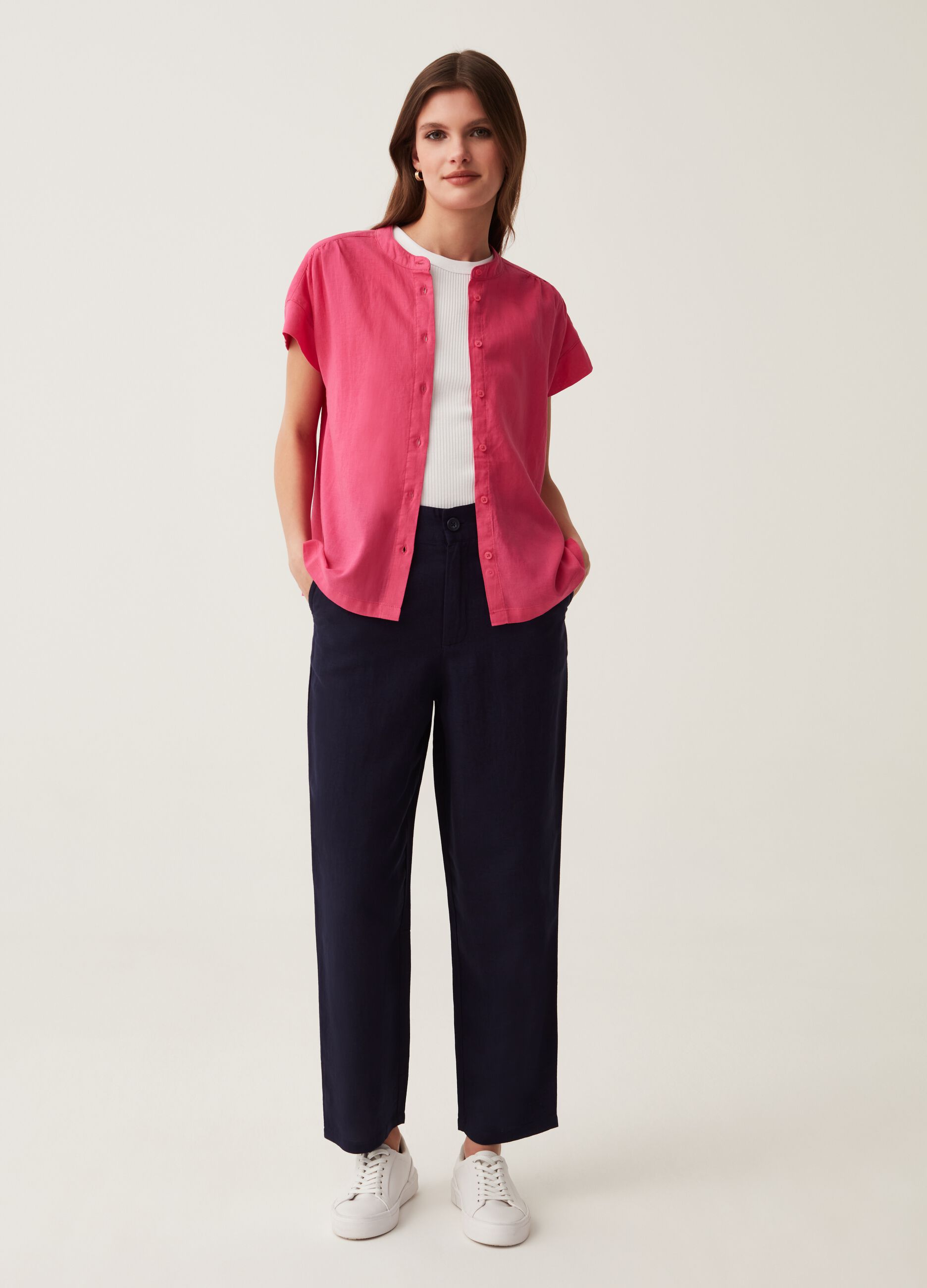 High-rise linen and viscose trousers