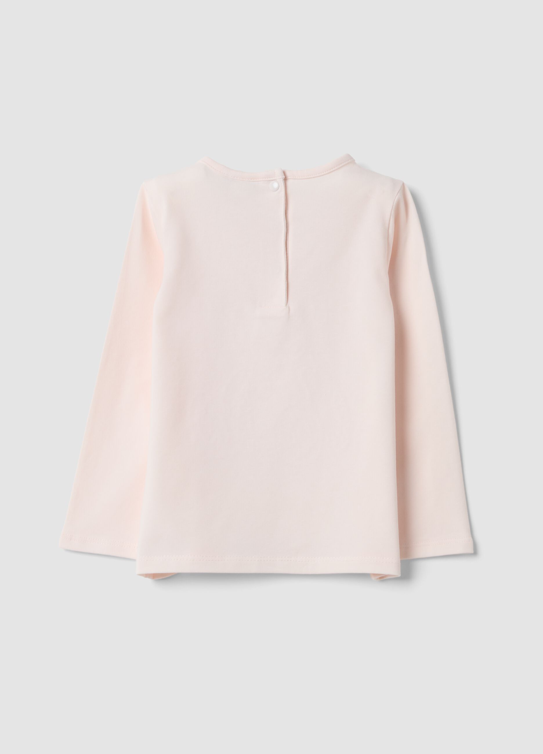 Pink stretch organic cotton T-shirt with teddy bear embroidery