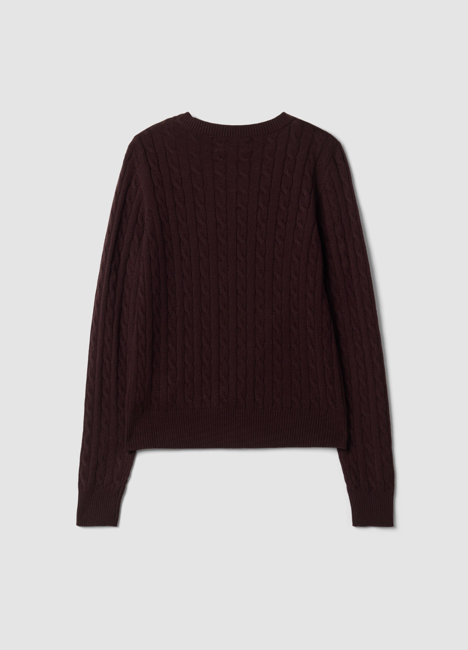 Brown cable-knit crew-neck jumper, regular fit