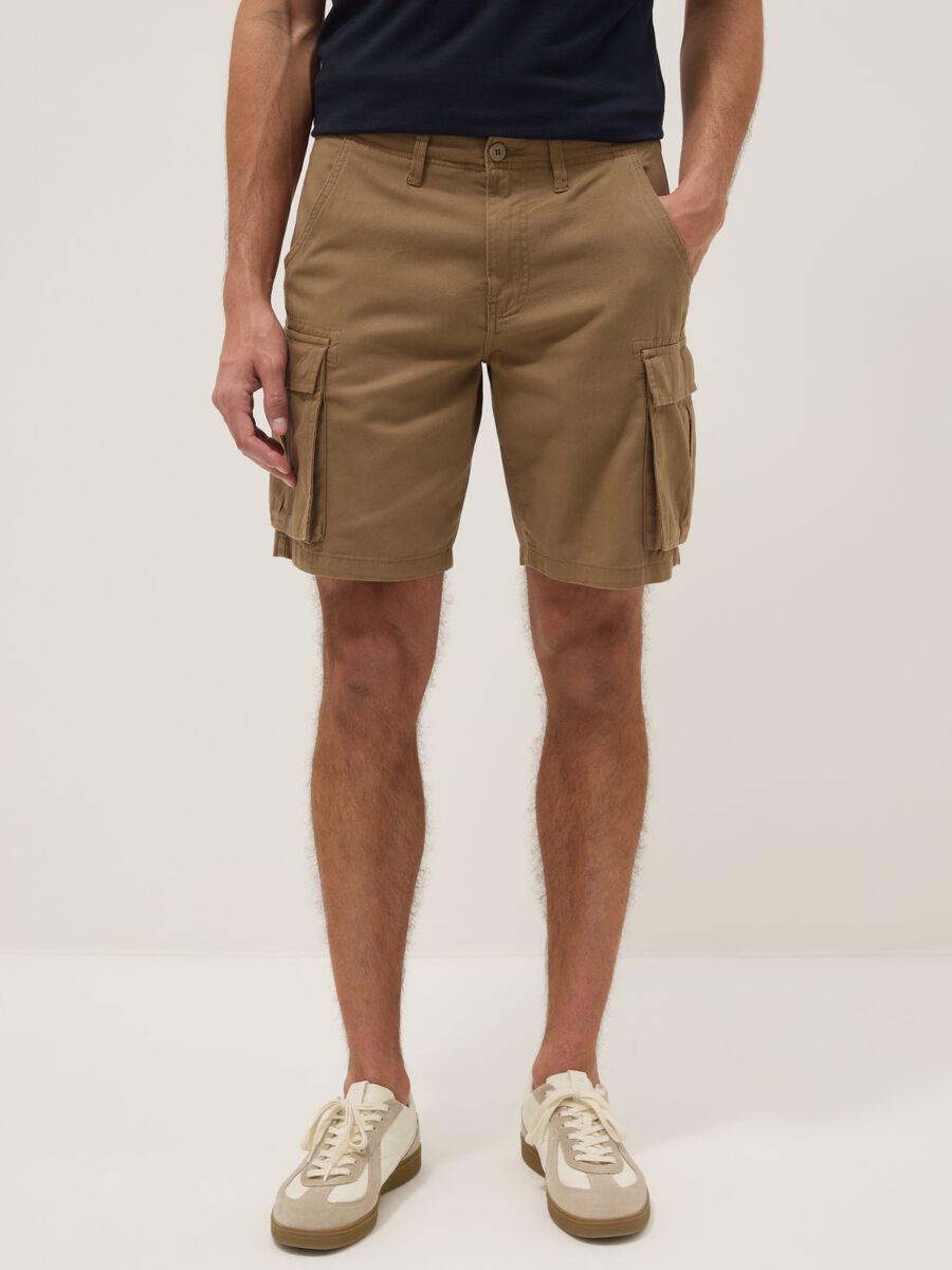 Beige pure cotton cargo Bermuda shorts, regular fit_1