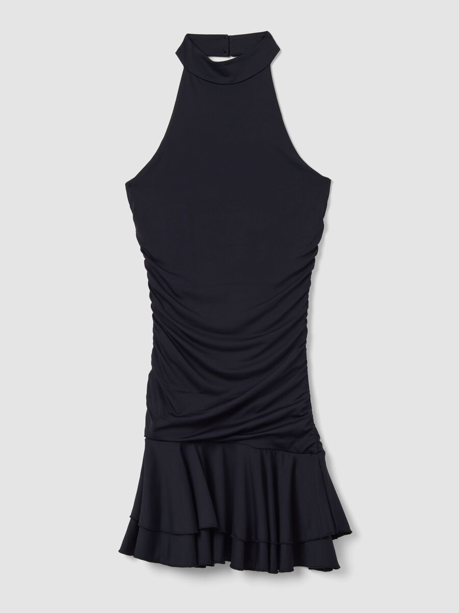 Black stretch dress with high neck and ruffle hem_0