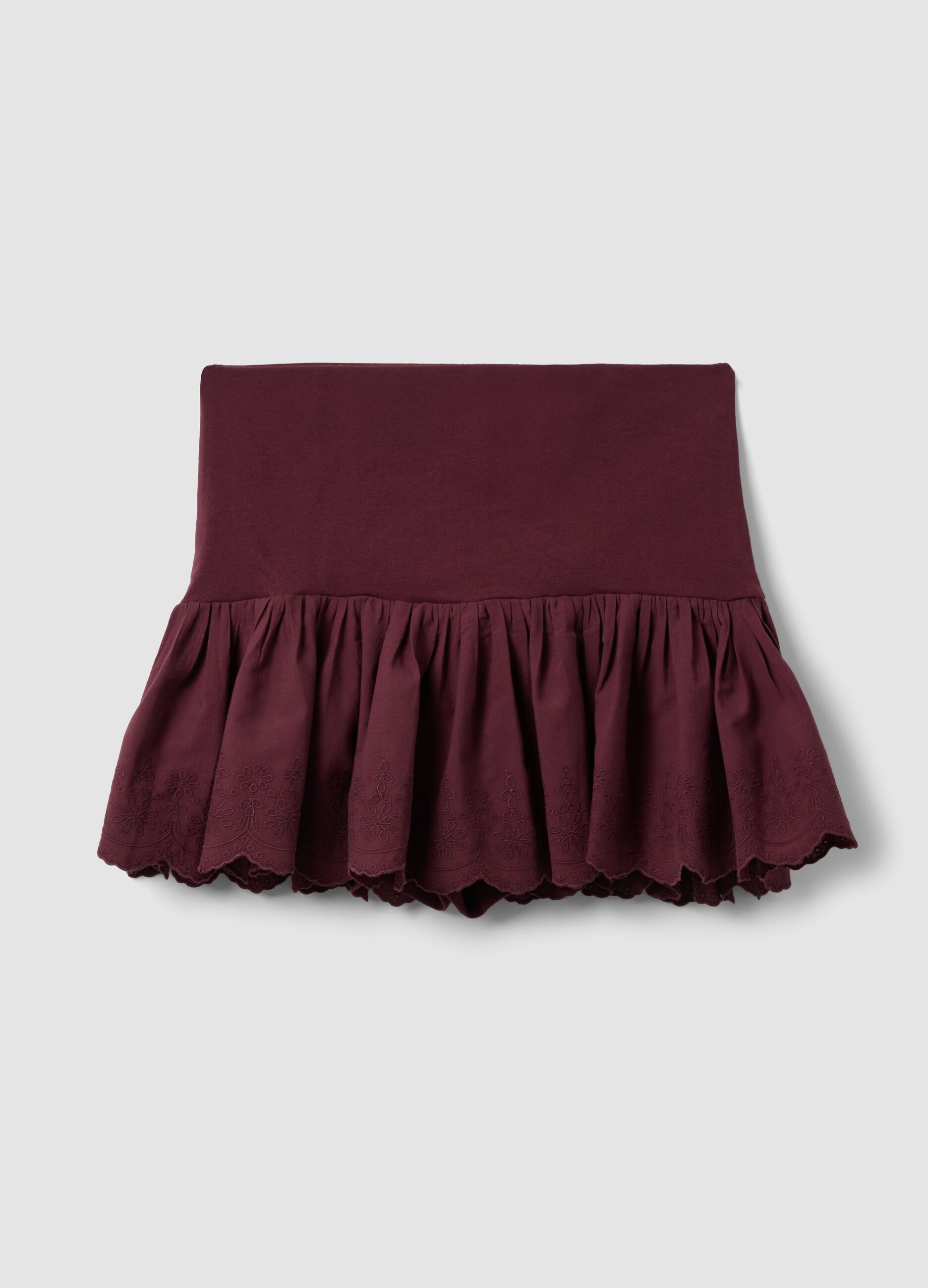 Purple pure cotton mini skirt with embroidered ruffle