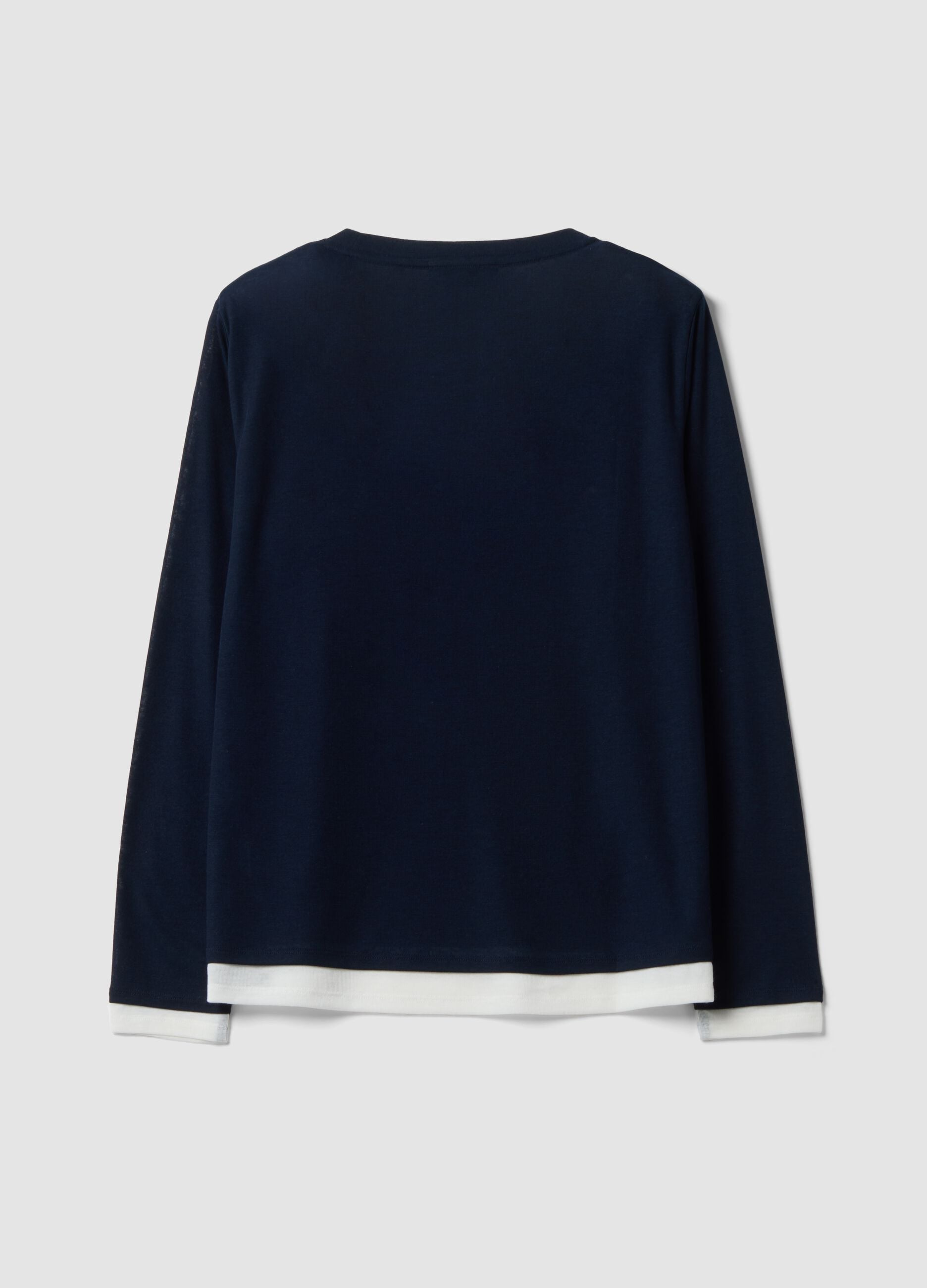 Blue viscose-blend T-shirt with white contrast crew neck, regular fit