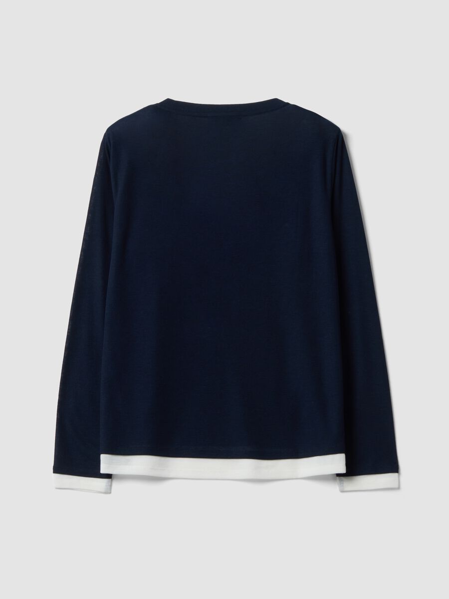 T-shirt blu in misto viscosa con girocollo a contrasto bianco regular fit_2