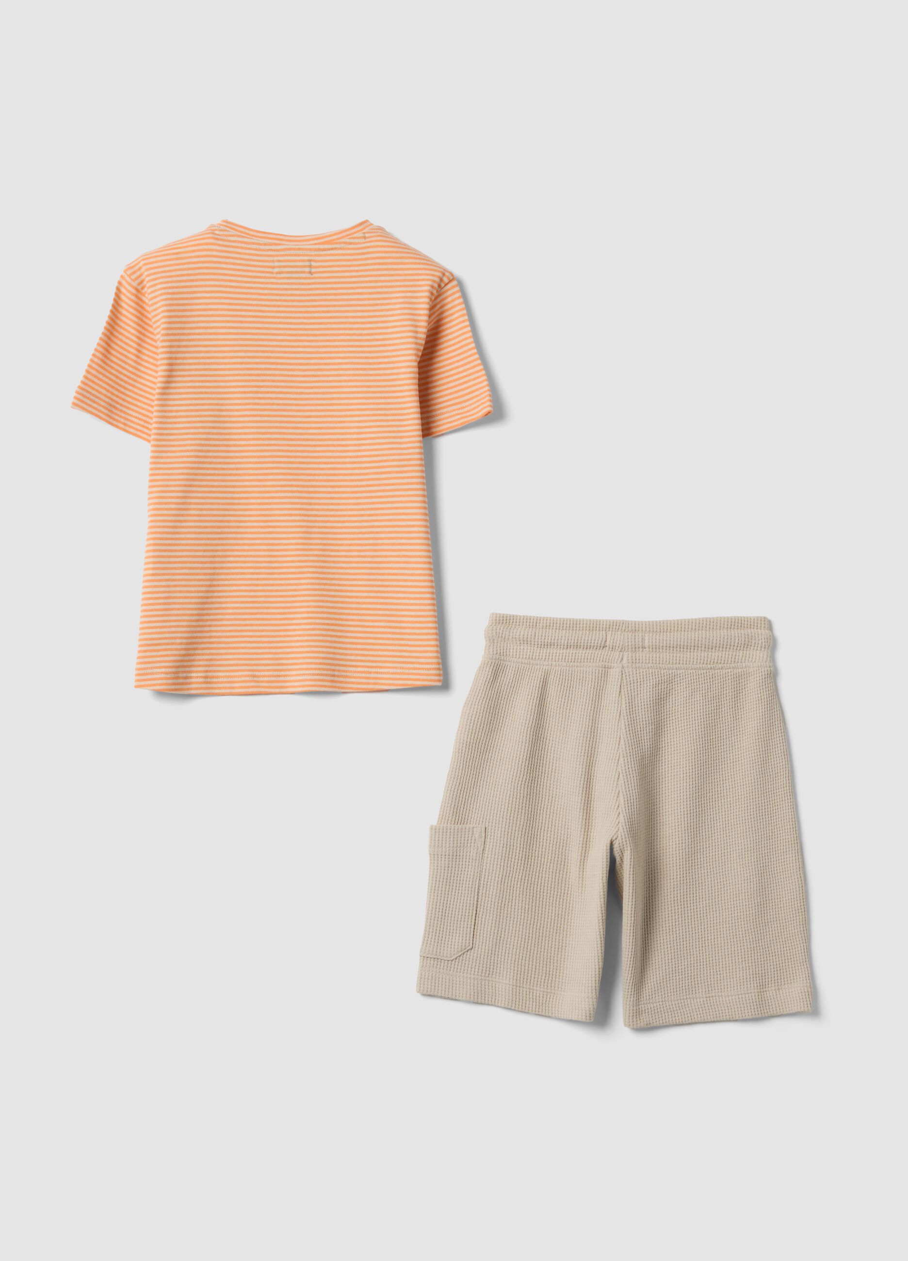 Orange and beige cotton-blend set with T-shirt and shorts