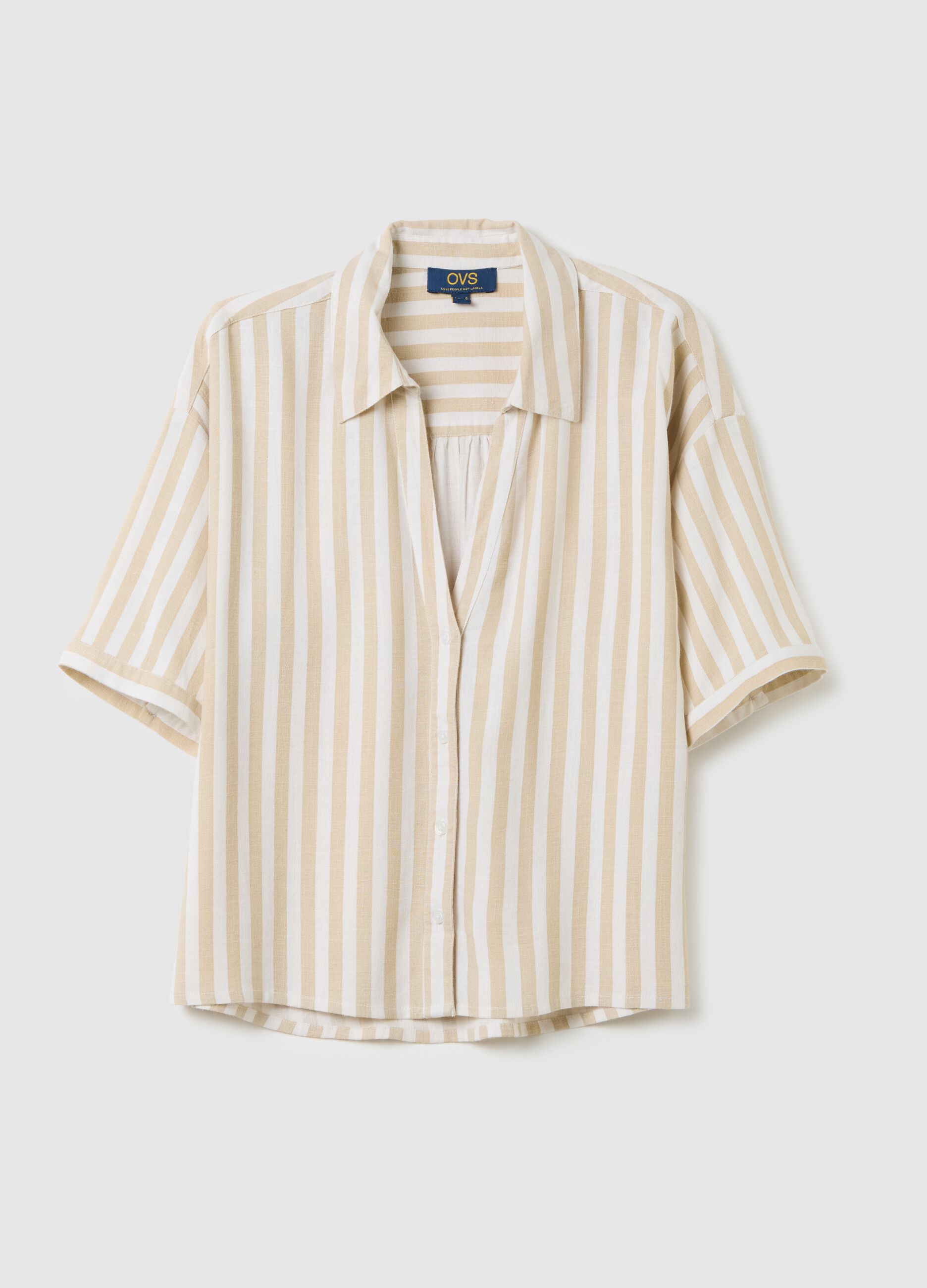 Beige and white striped linen and viscose shirt