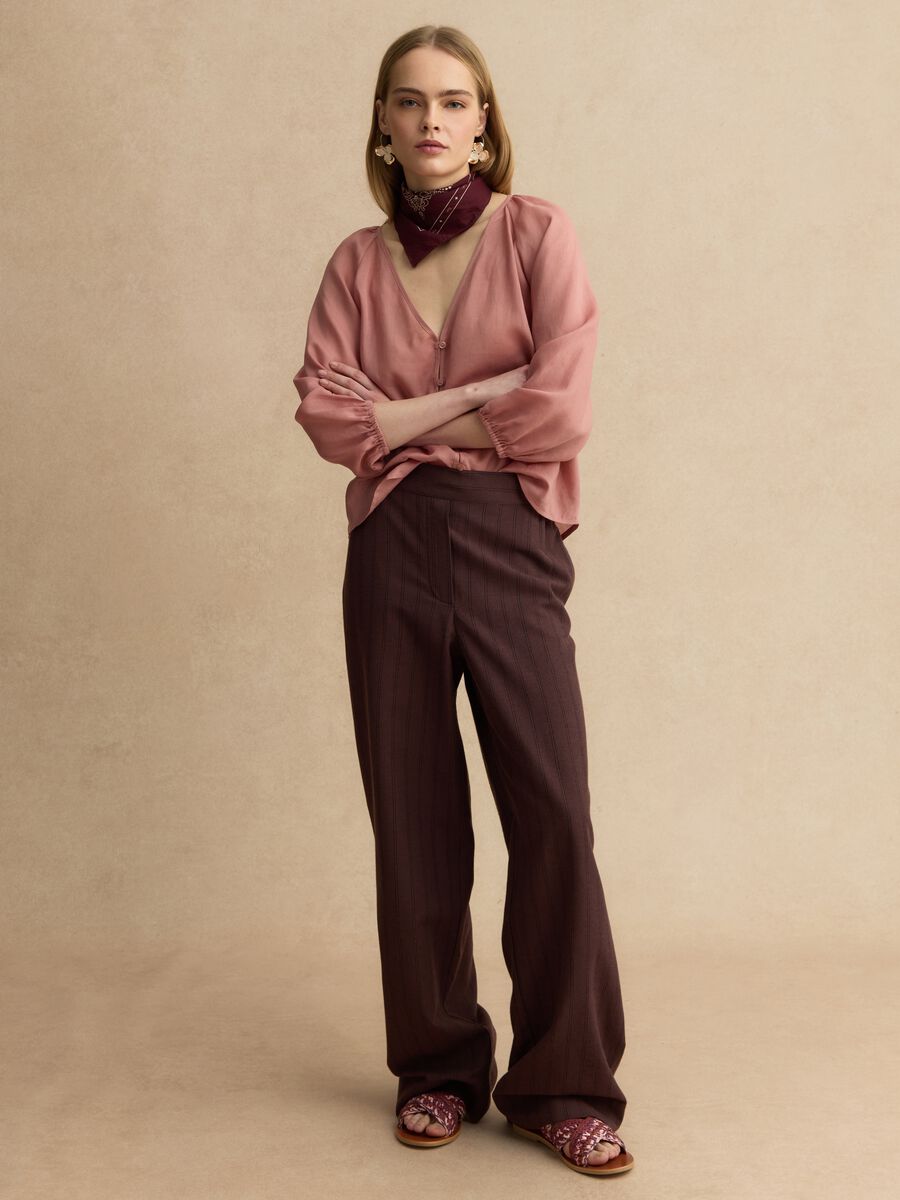 Brown wide leg striped viscose blend trousers_0