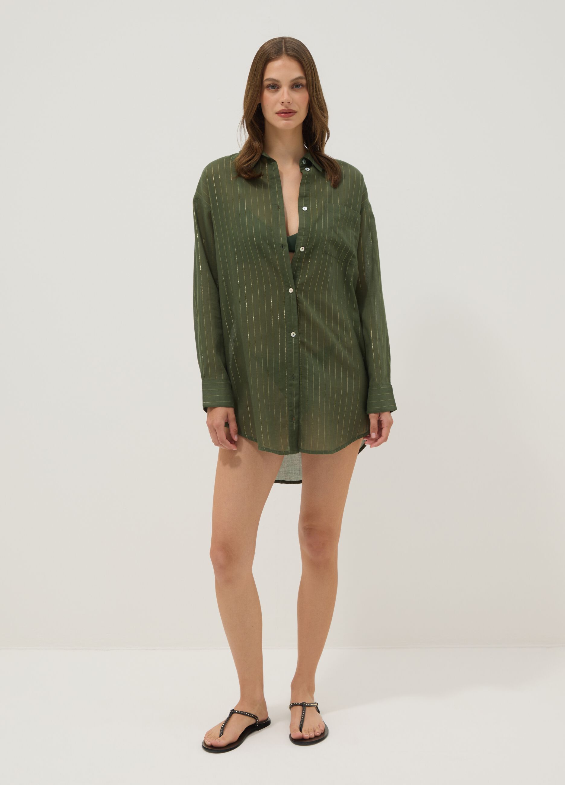 Green cotton-blend kaftan with gold stripes