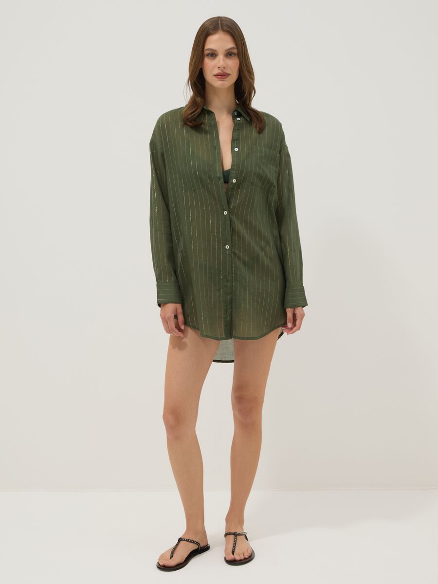 Green cotton-blend kaftan with gold stripes_1