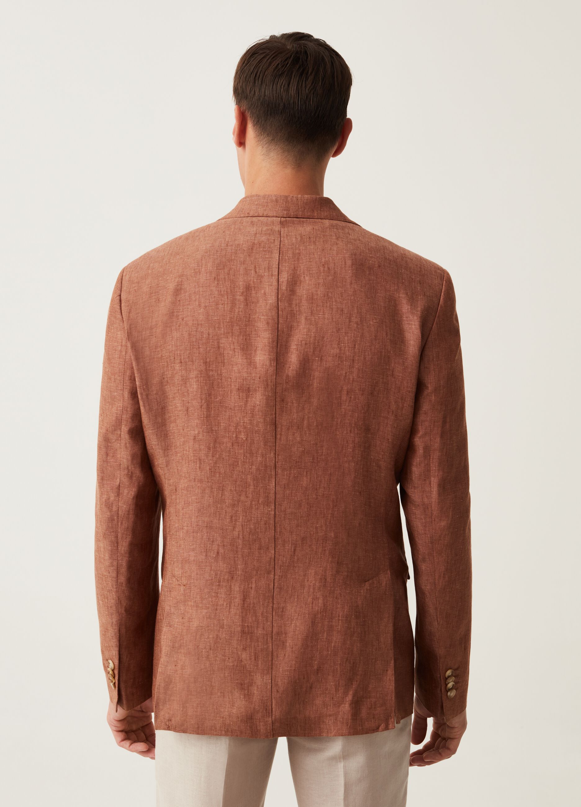 Blazer slim fit in lino tinto filo tabacco_2