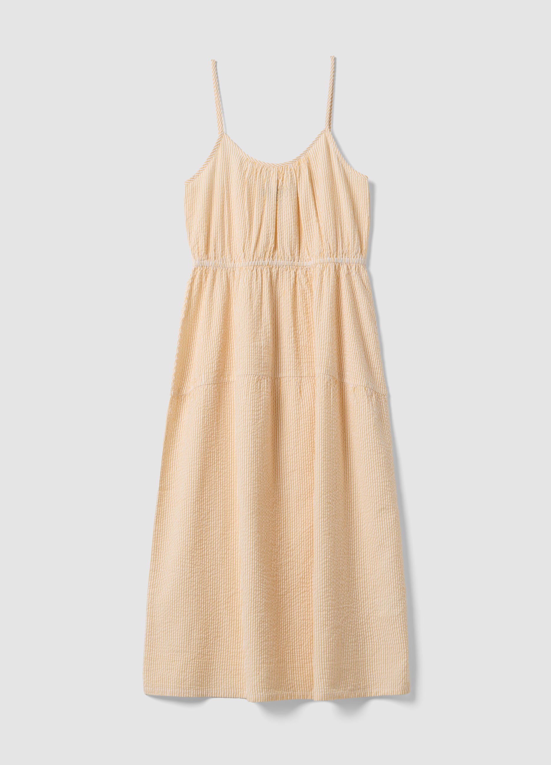 Beige striped pure cotton regular-fit dress with thin straps