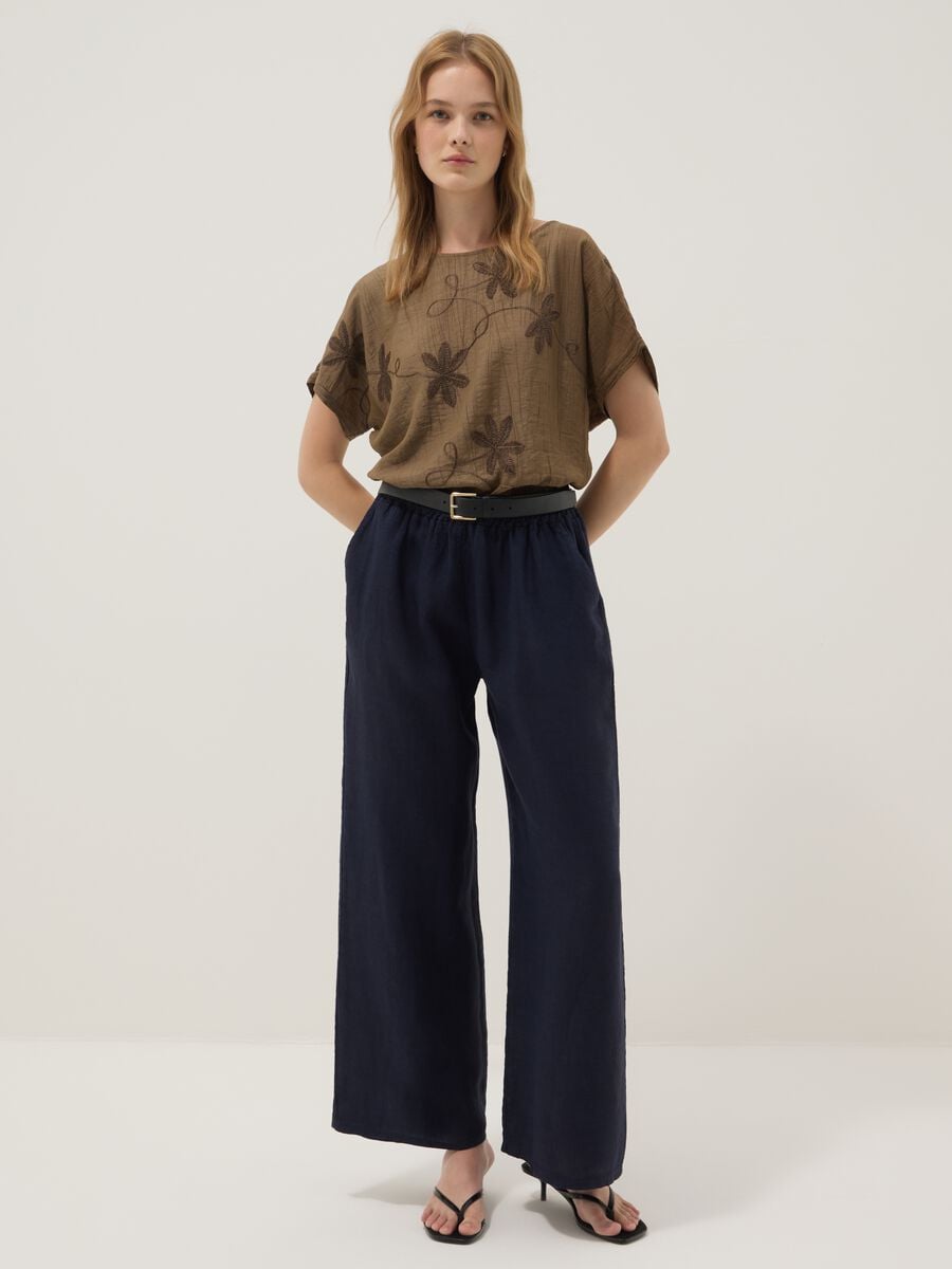 Pantaloni blu palazzo in puro lino_0