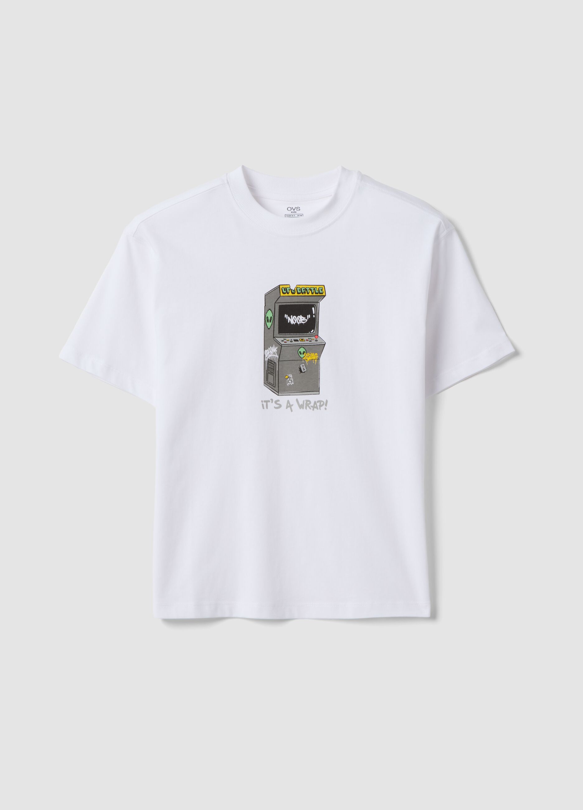 White pure cotton boys&rsquo; T-shirt with oversized fit and print