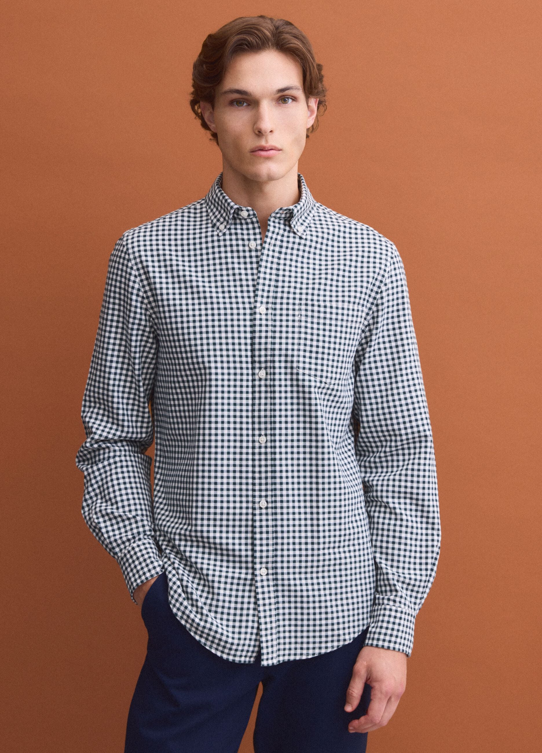Green checked Oxford shirt in pure cotton with button-down collar, regular fit