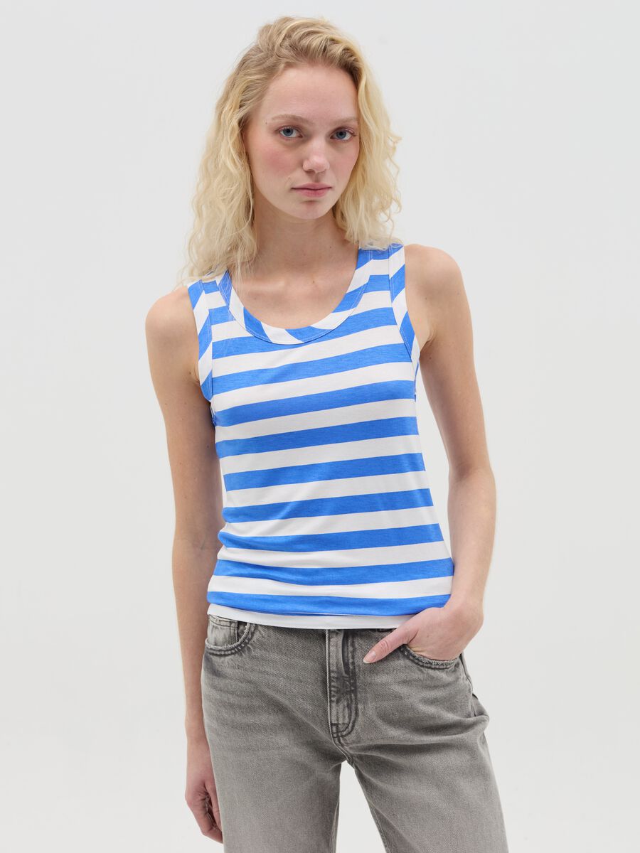 Blue and white striped tank top in stretch viscose_0