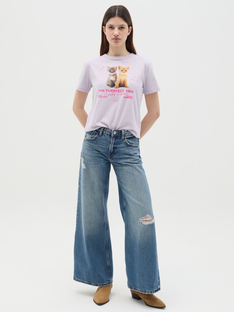 Purple T-shirt in cotton with kittens print_1