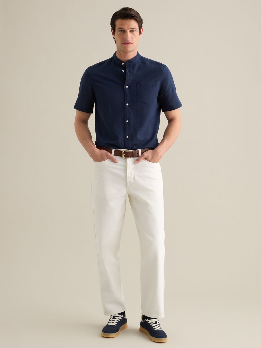 Blue Korean shirt in linen and cotton_1