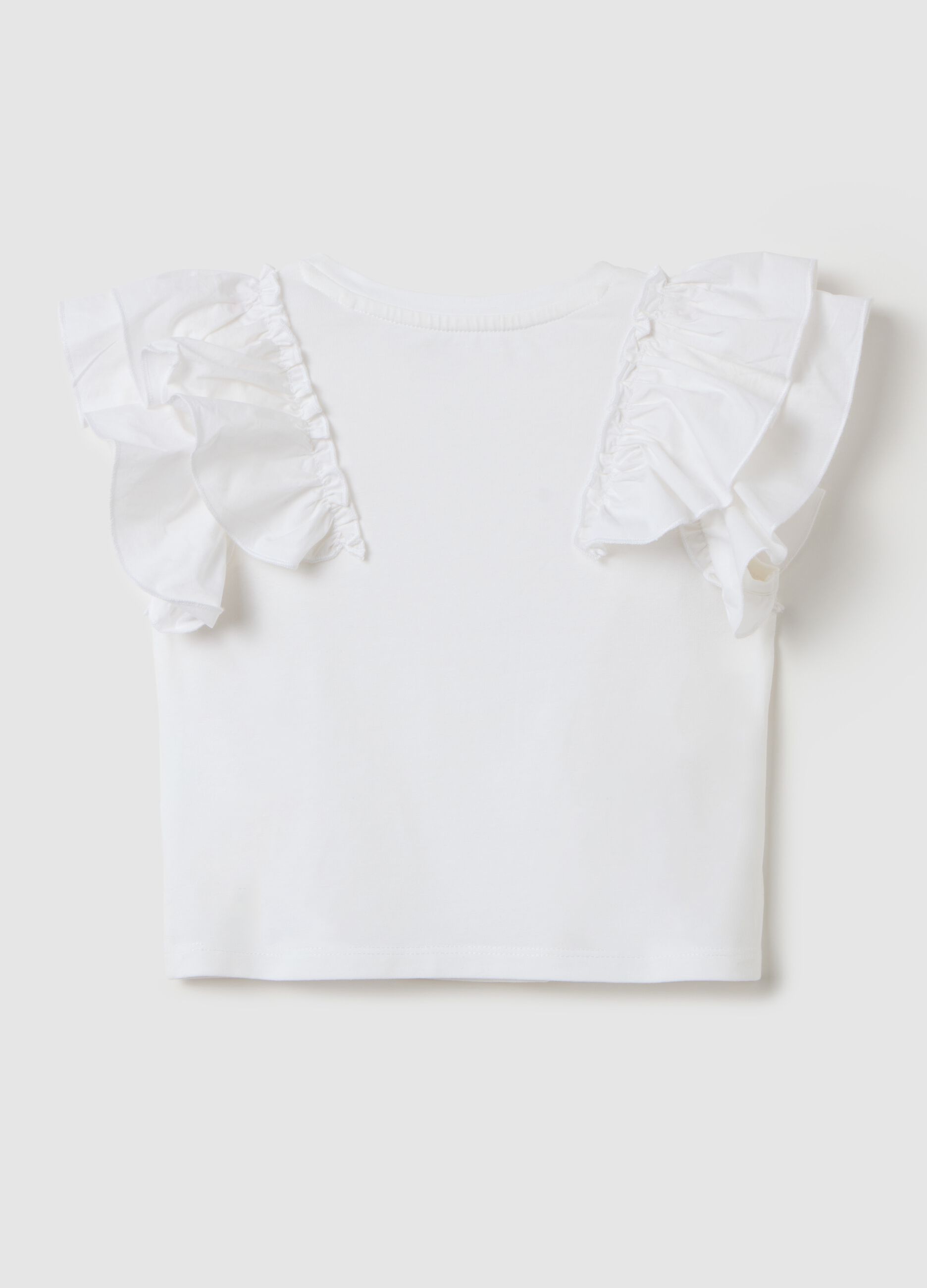 White short-sleeved T-shirt with flounces
